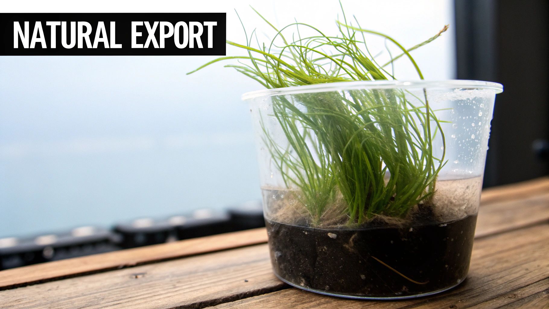 A clear plastic cup with vibrant green aquatic plants growing in water and soil on a wooden table.