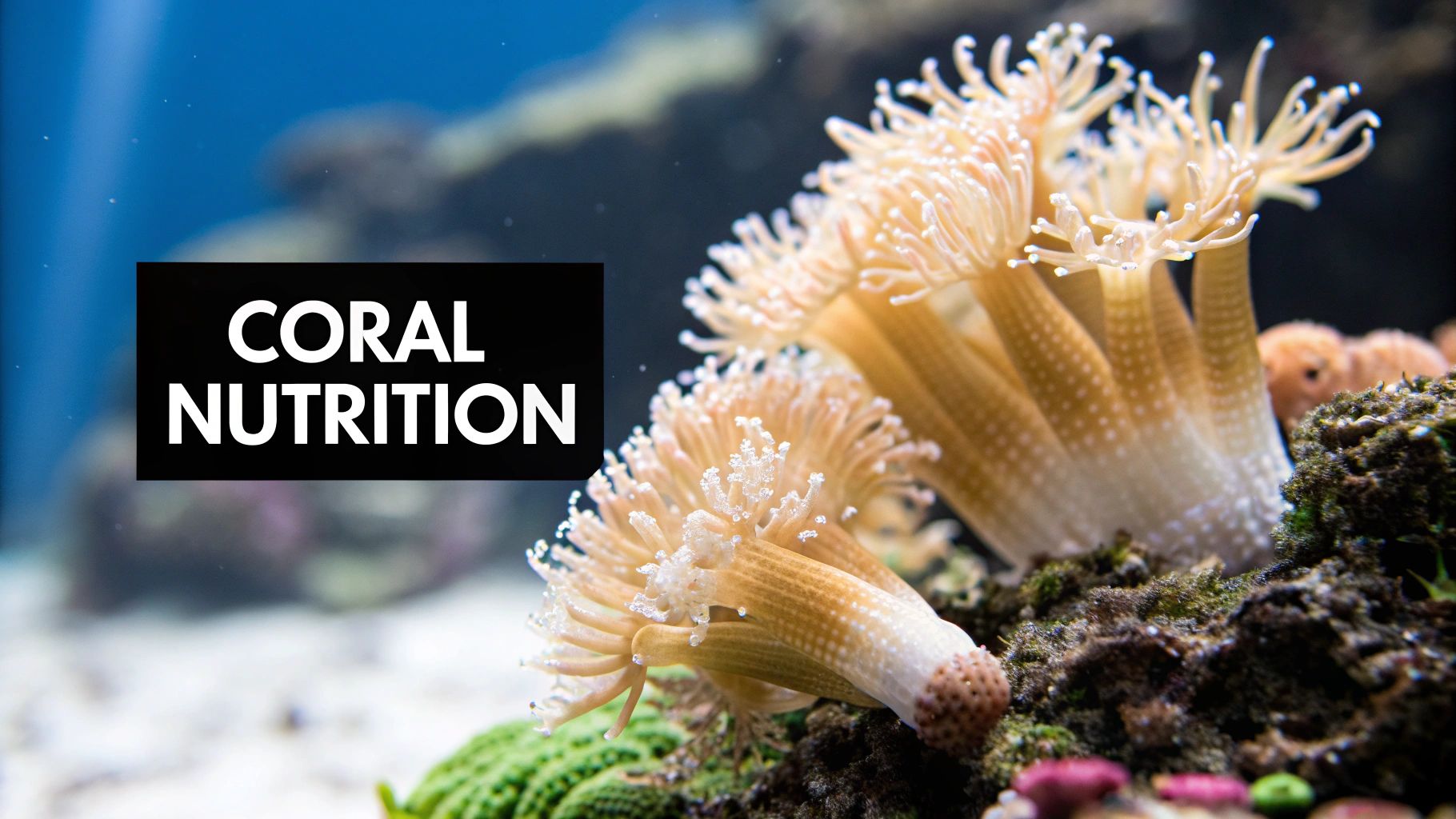 Close-up of vibrant coral polyps with delicate tentacles in an aquarium, featuring text 'CORAL NUTRITION'.