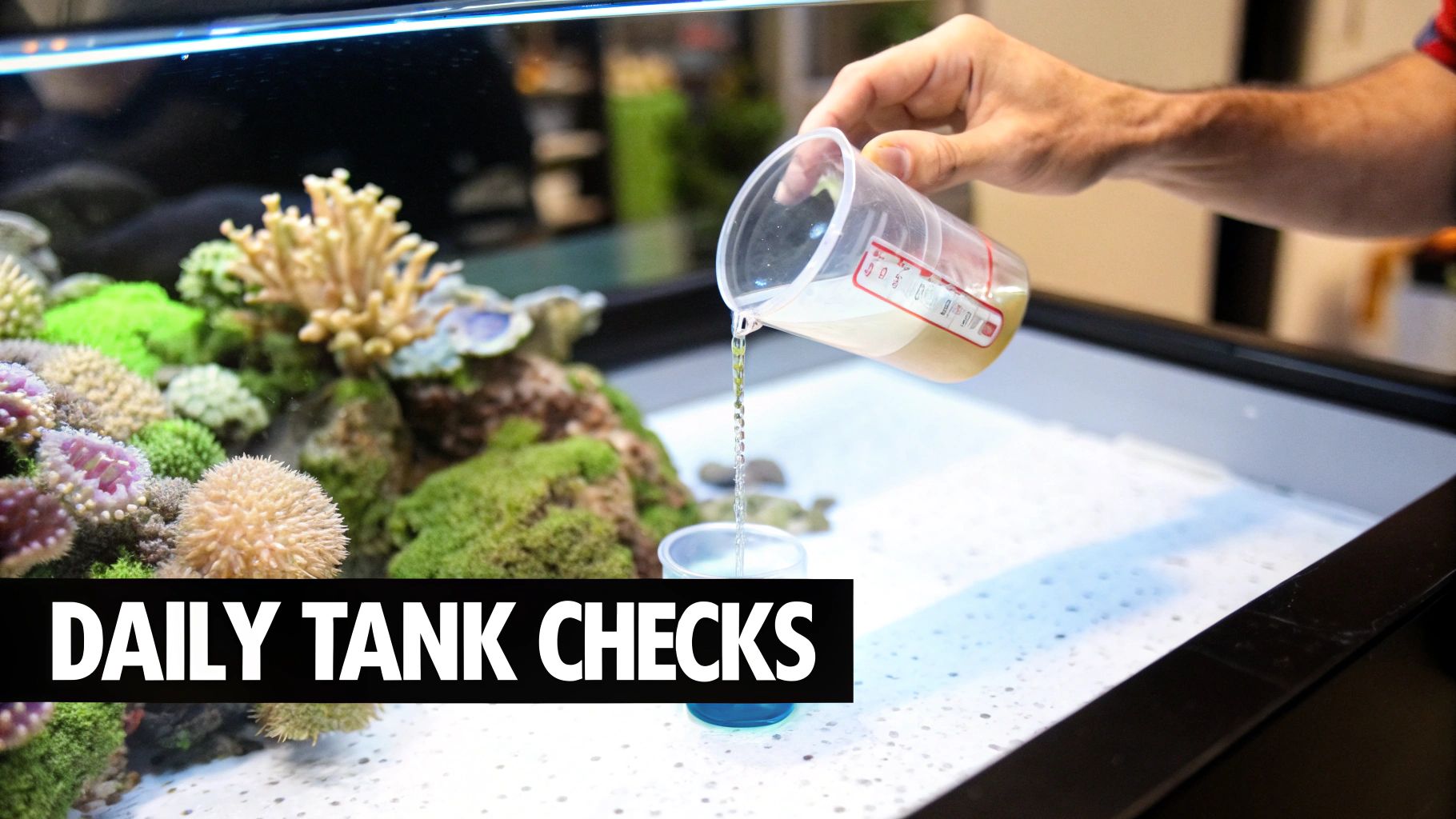 A person performs daily tank checks by pouring liquid into a small container next to a colorful reef aquarium.