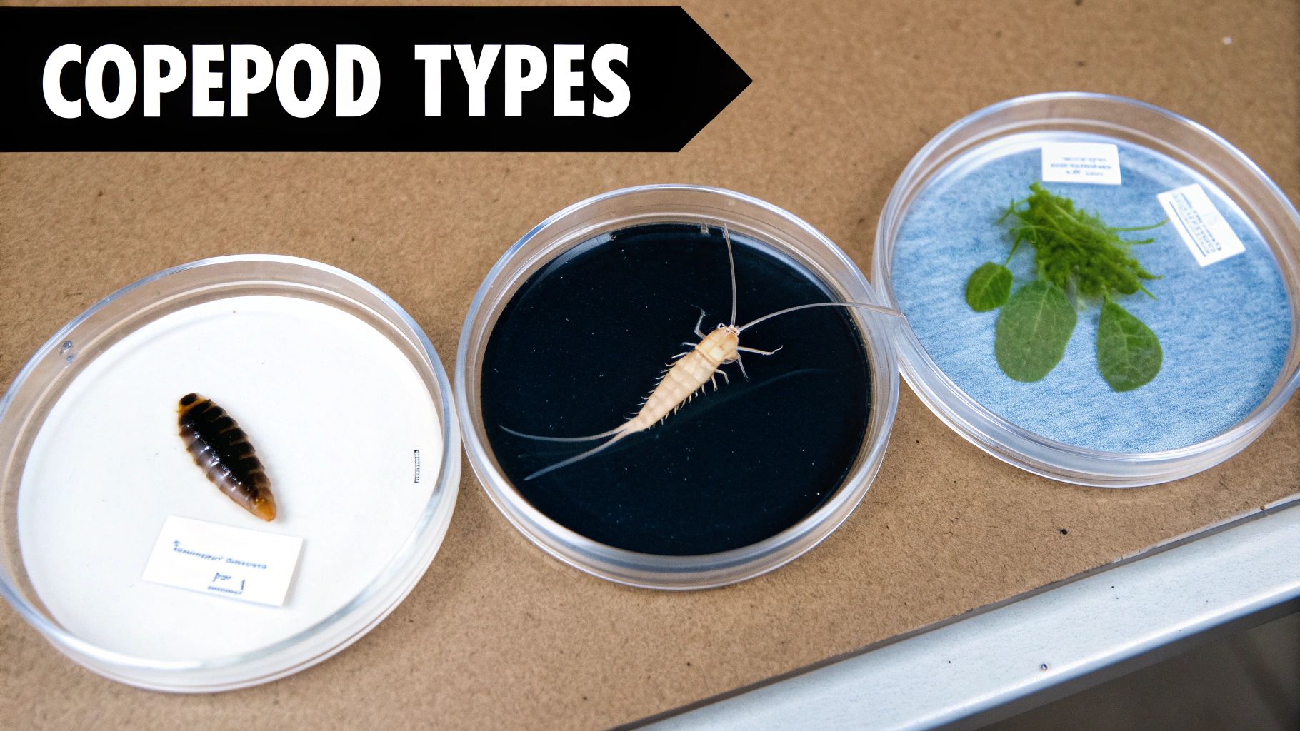 Three petri dishes showcase an insect larva, a pale arthropod, and green plant samples, beneath a 'COPEPOD TYPES' banner.