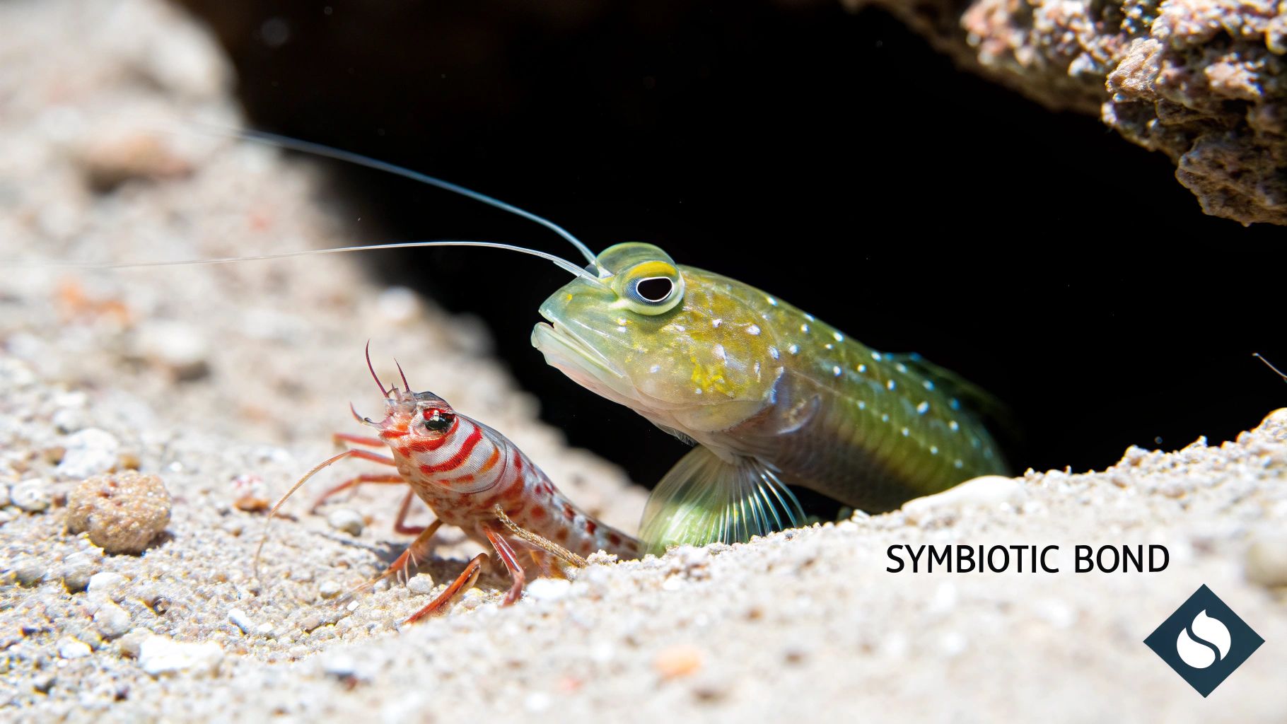 Watchman goby fish and pistol shrimp displaying symbiotic relationship on sandy ocean floor