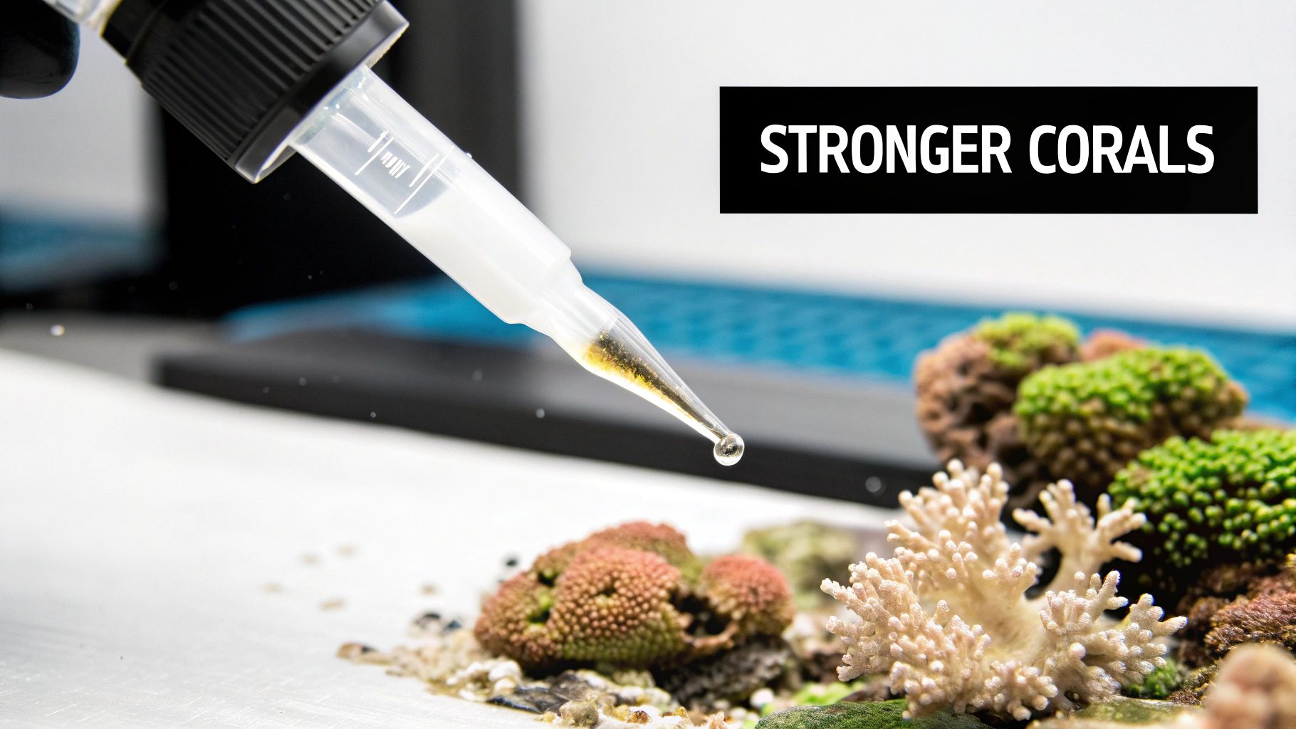 A dropper dispenses liquid onto various colorful corals in a reef tank for stronger health.