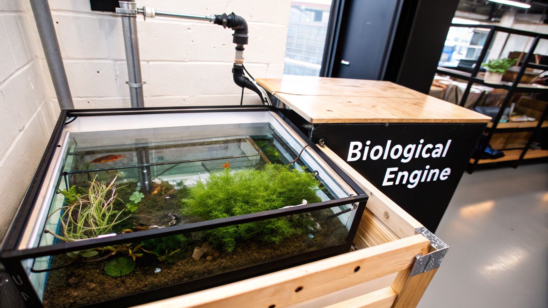 An indoor aquarium with green aquatic plants, small fish, and plumbing, part of a 'Biological Engine' setup.