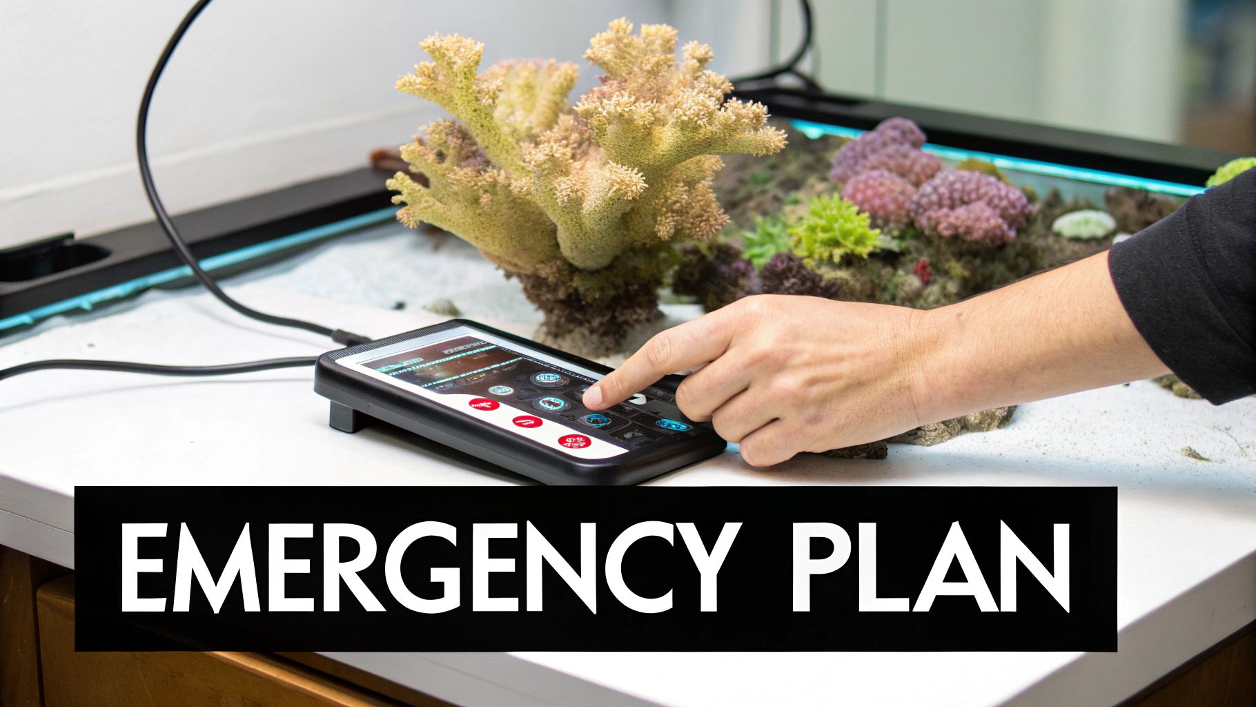 A person's hand touches a tablet control panel for a coral reef aquarium, displaying an emergency plan.