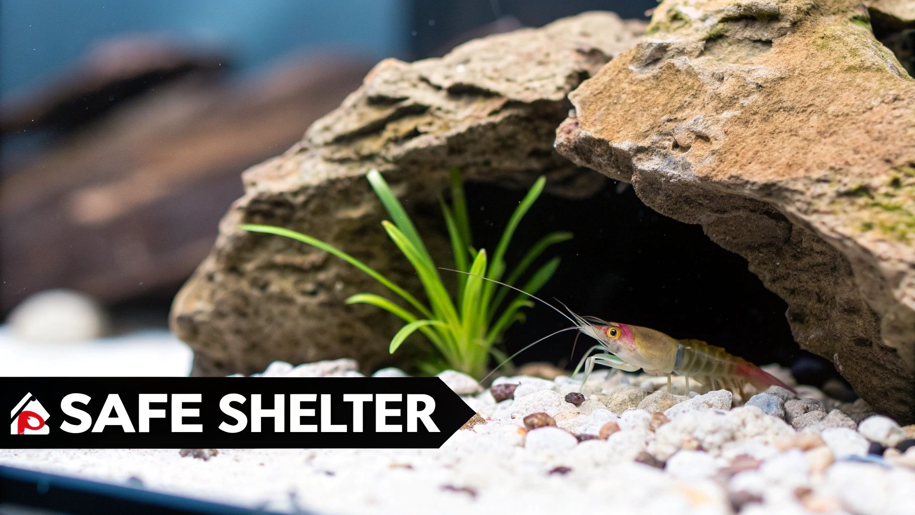 A small red and white shrimp with yellow eyes peeking from under a rock in an aquarium.