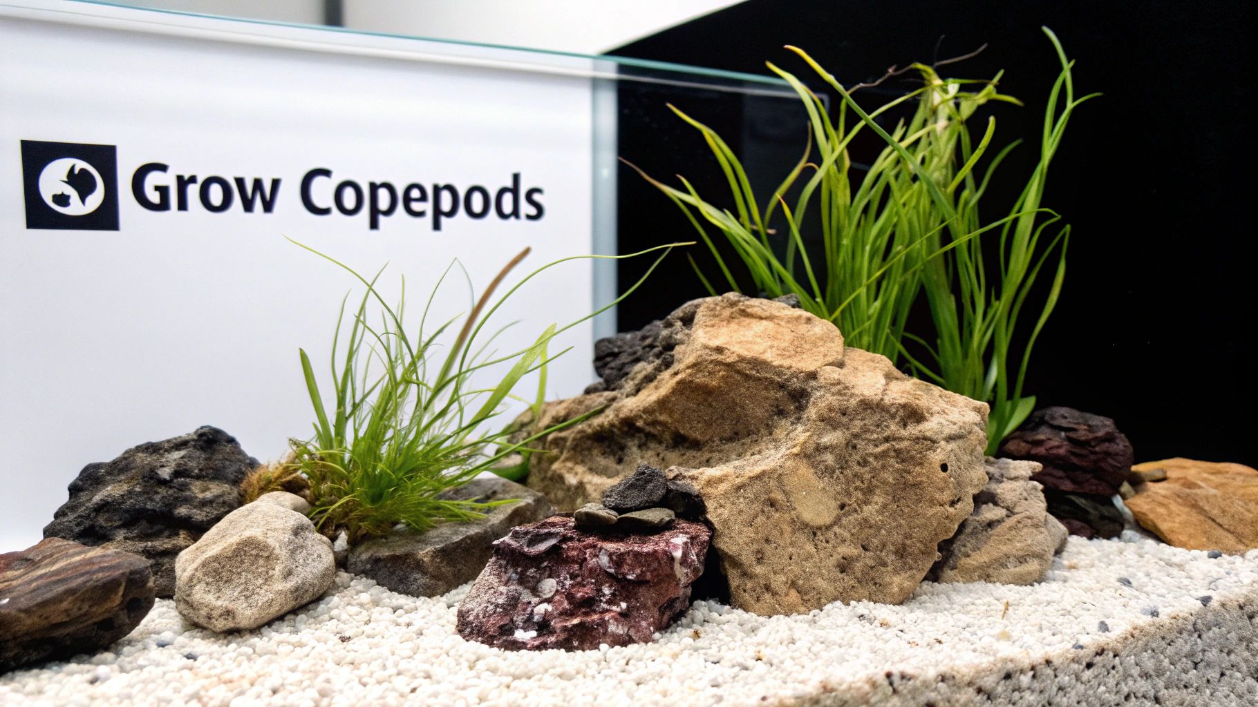 A clean aquarium setup featuring various rocks, green aquatic plants, white gravel, and a "Grow Copepods" sign.