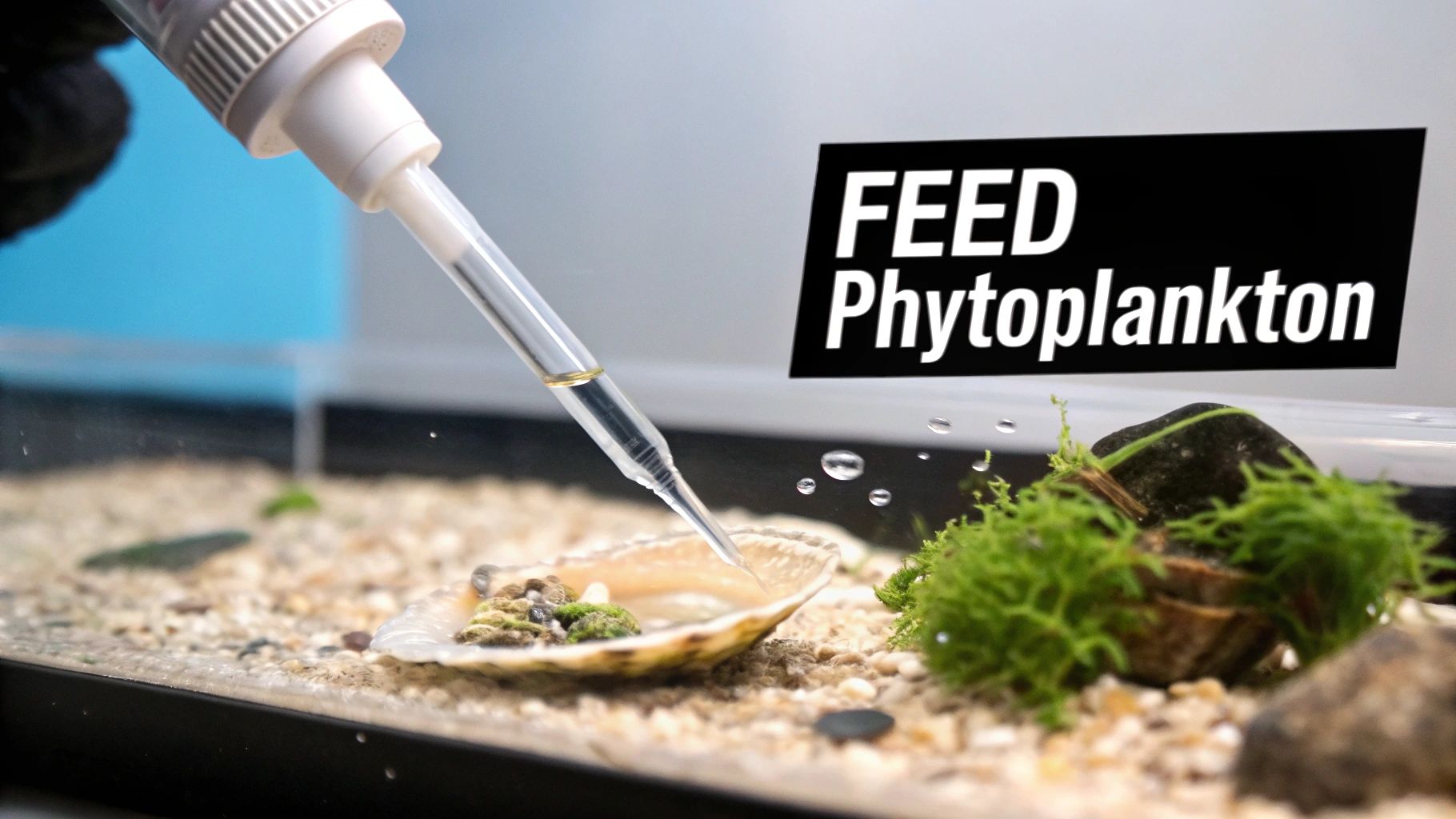 A person uses a pipette to feed phytoplankton into a clam in a sandy reef tank.