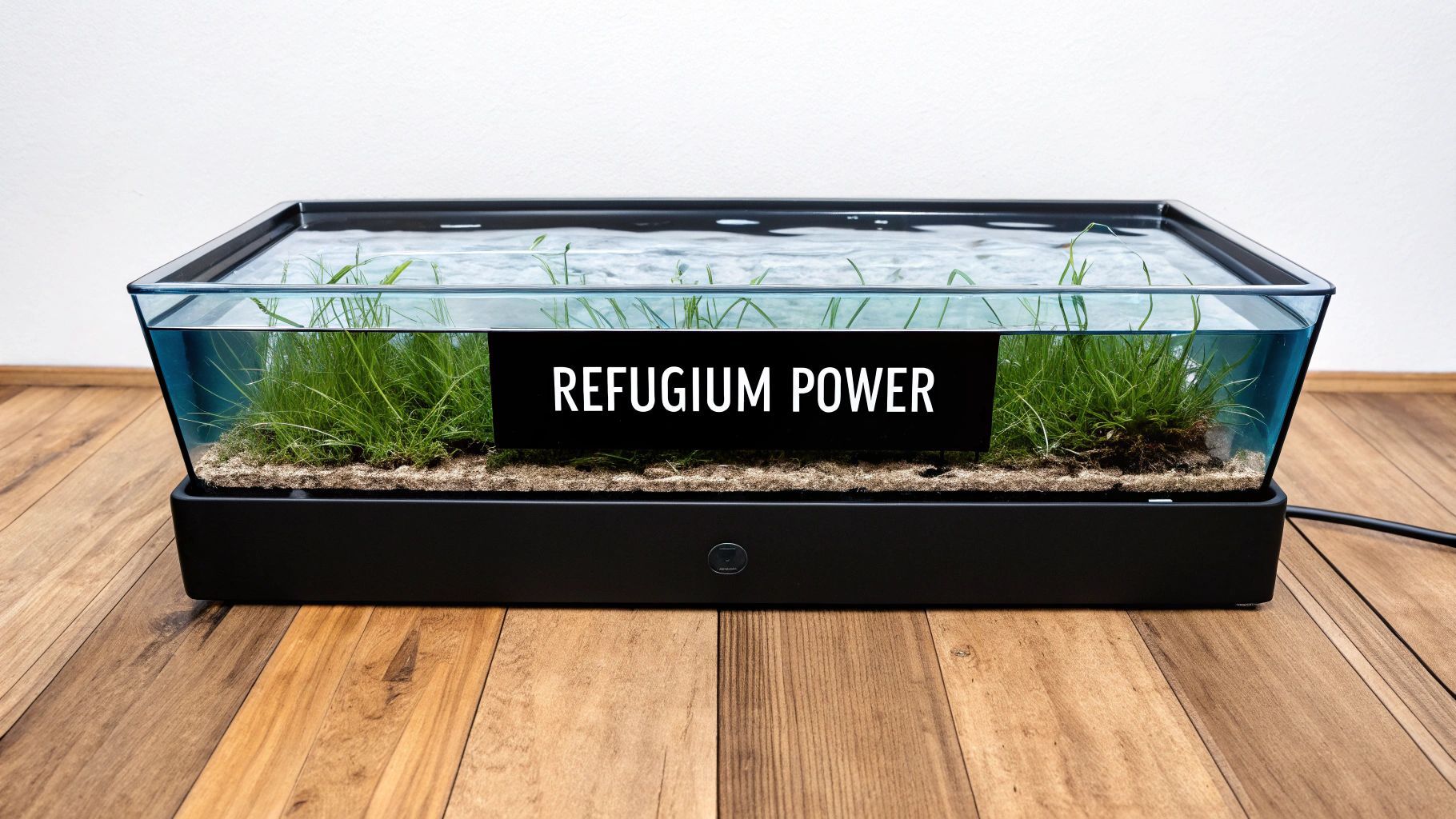 A lush green bunch of Chaetomorpha macroalgae in a saltwater aquarium refugium.