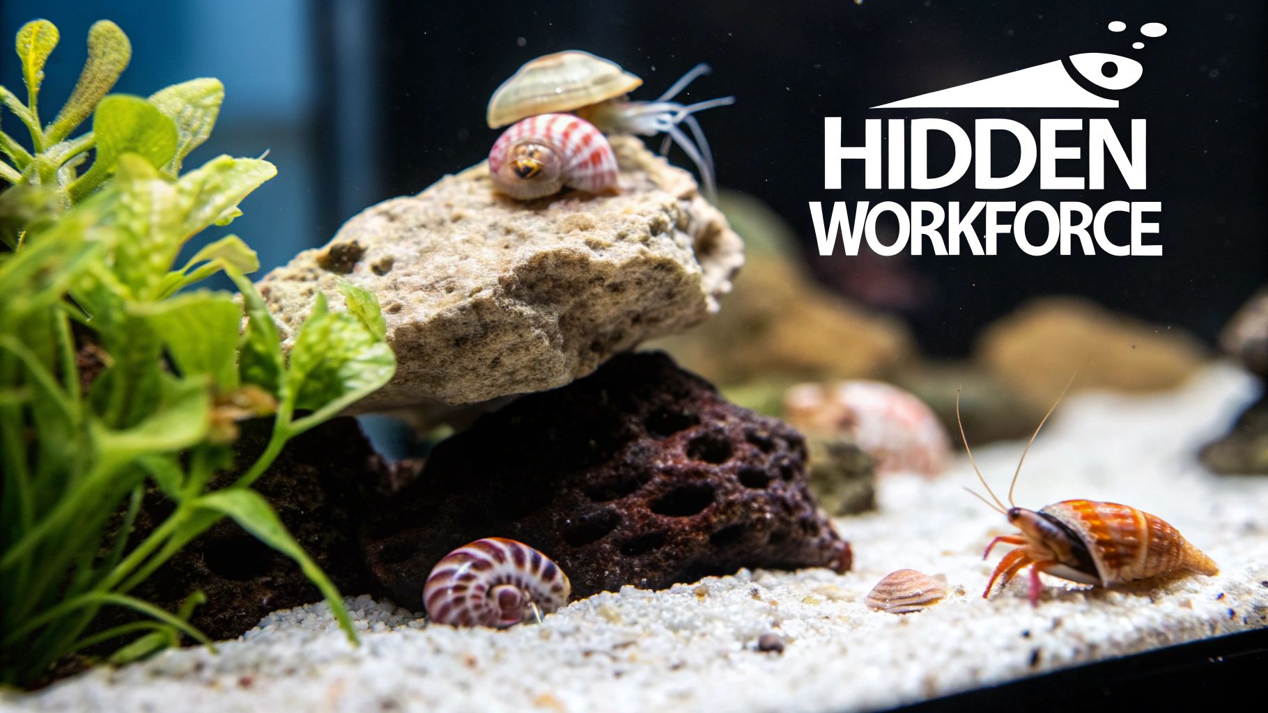 Various snails and a small hermit crab in a vibrant freshwater aquarium with rocks and green plants.
