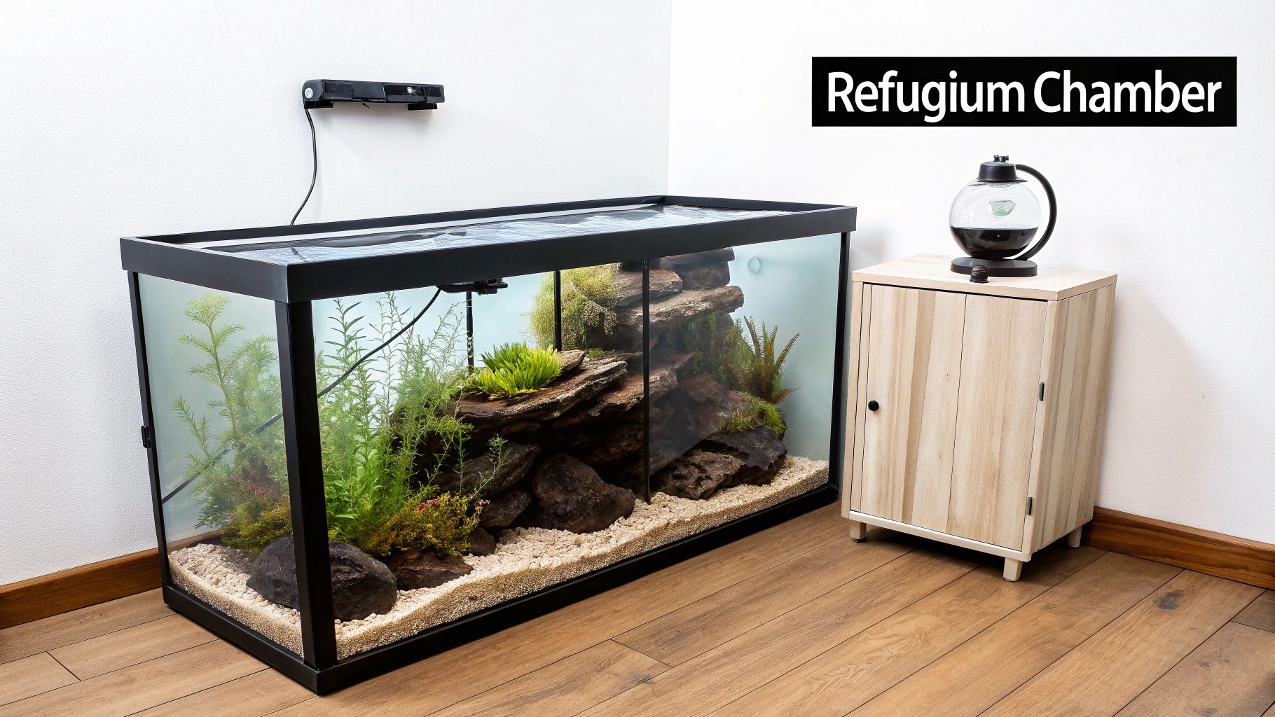 A meticulously decorated freshwater aquarium with diverse plants and rocks, alongside a light wood cabinet.
