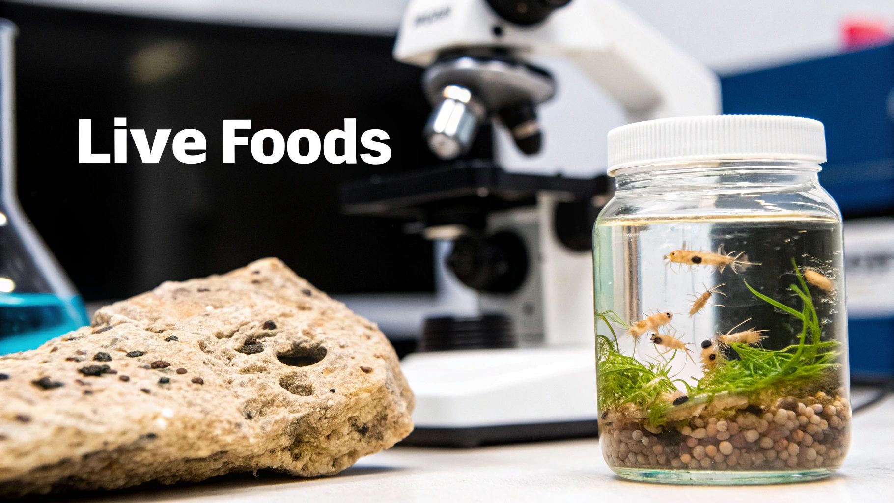 A clear jar filled with live aquatic creatures, plants, and pebbles, alongside a microscope and lab equipment.