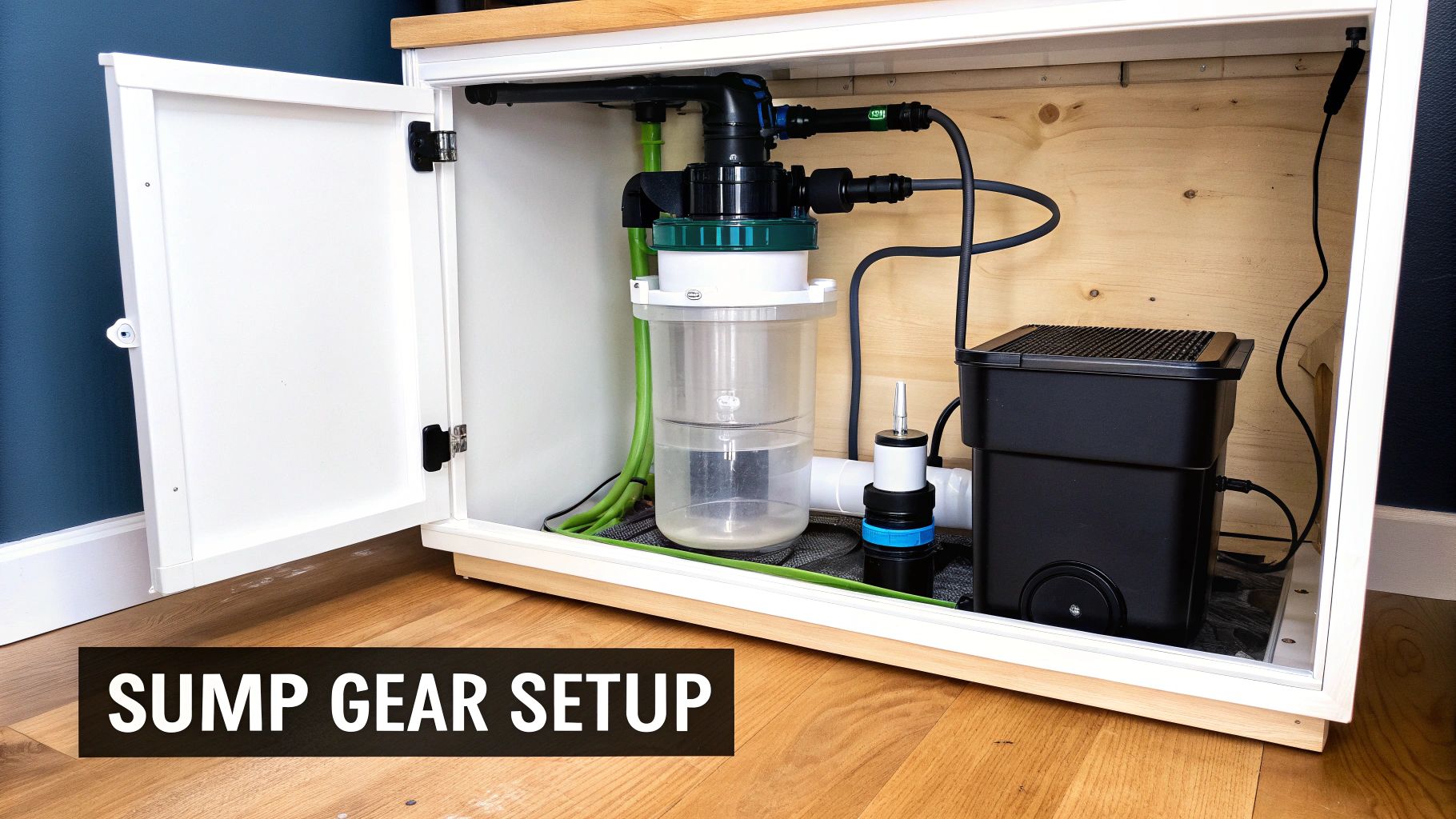 A saltwater sump equipped with a protein skimmer, return pump, and filter sock, all placed in their designated chambers.
