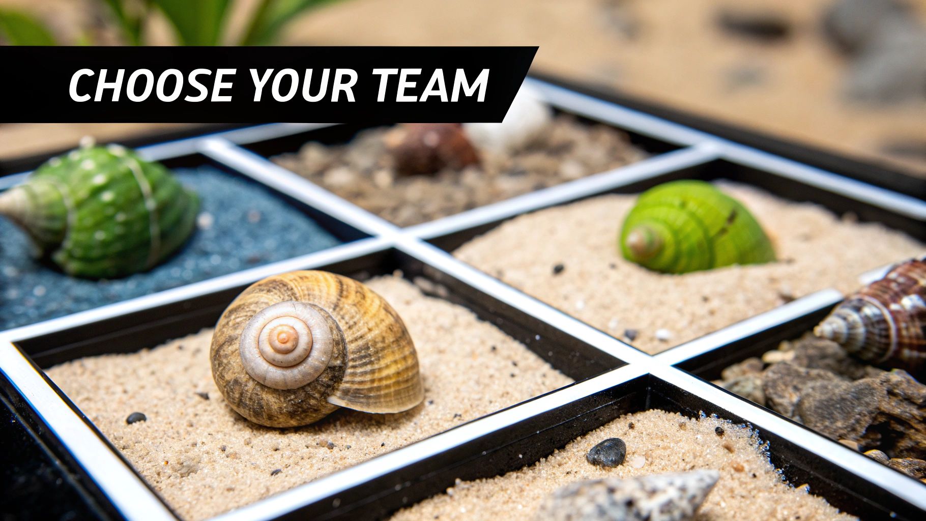 Assorted snail shells on sand in a grid, with a banner displaying 'CHOOSE YOUR TEAM'.