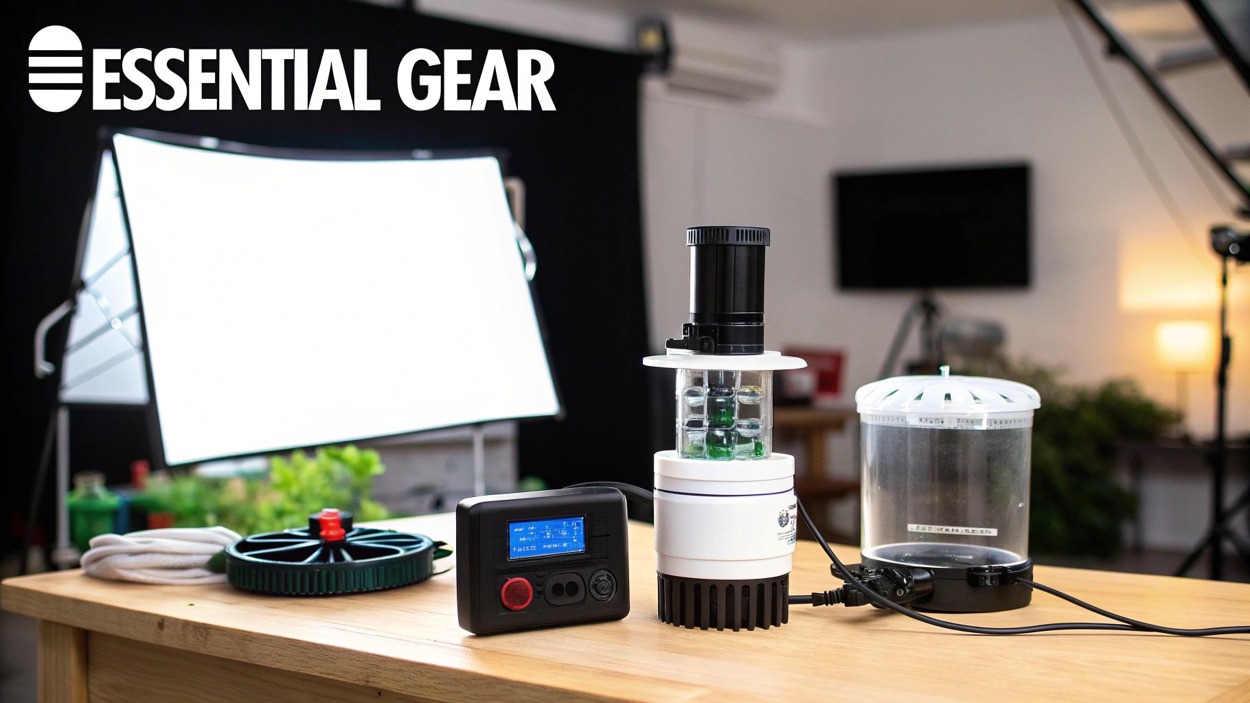 Various essential lab equipment on a wooden table, including a controller and water testing devices.