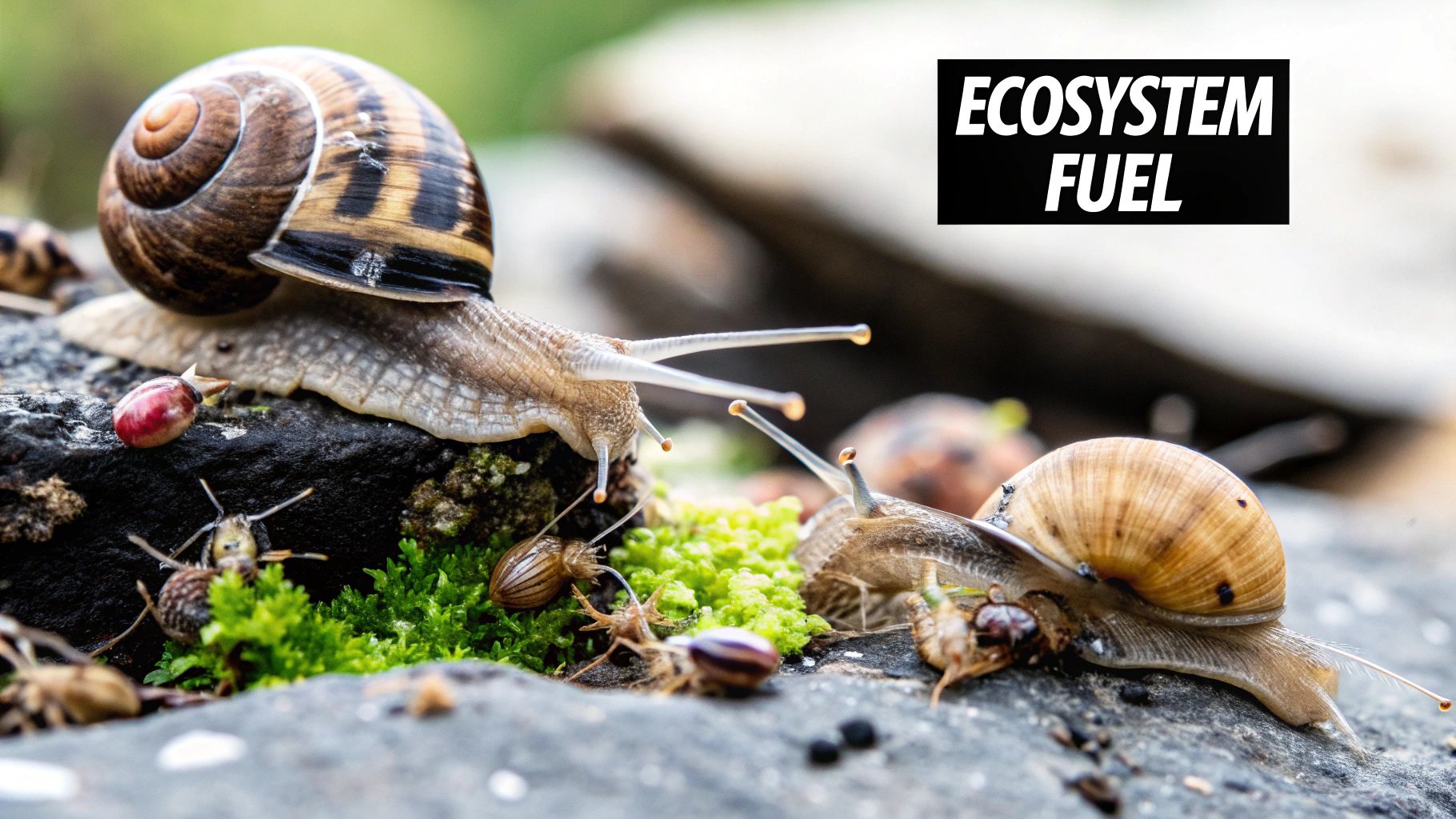 Close-up of two garden snails moving across a mossy rock, surrounded by small insects. Text: Ecosystem Fuel.