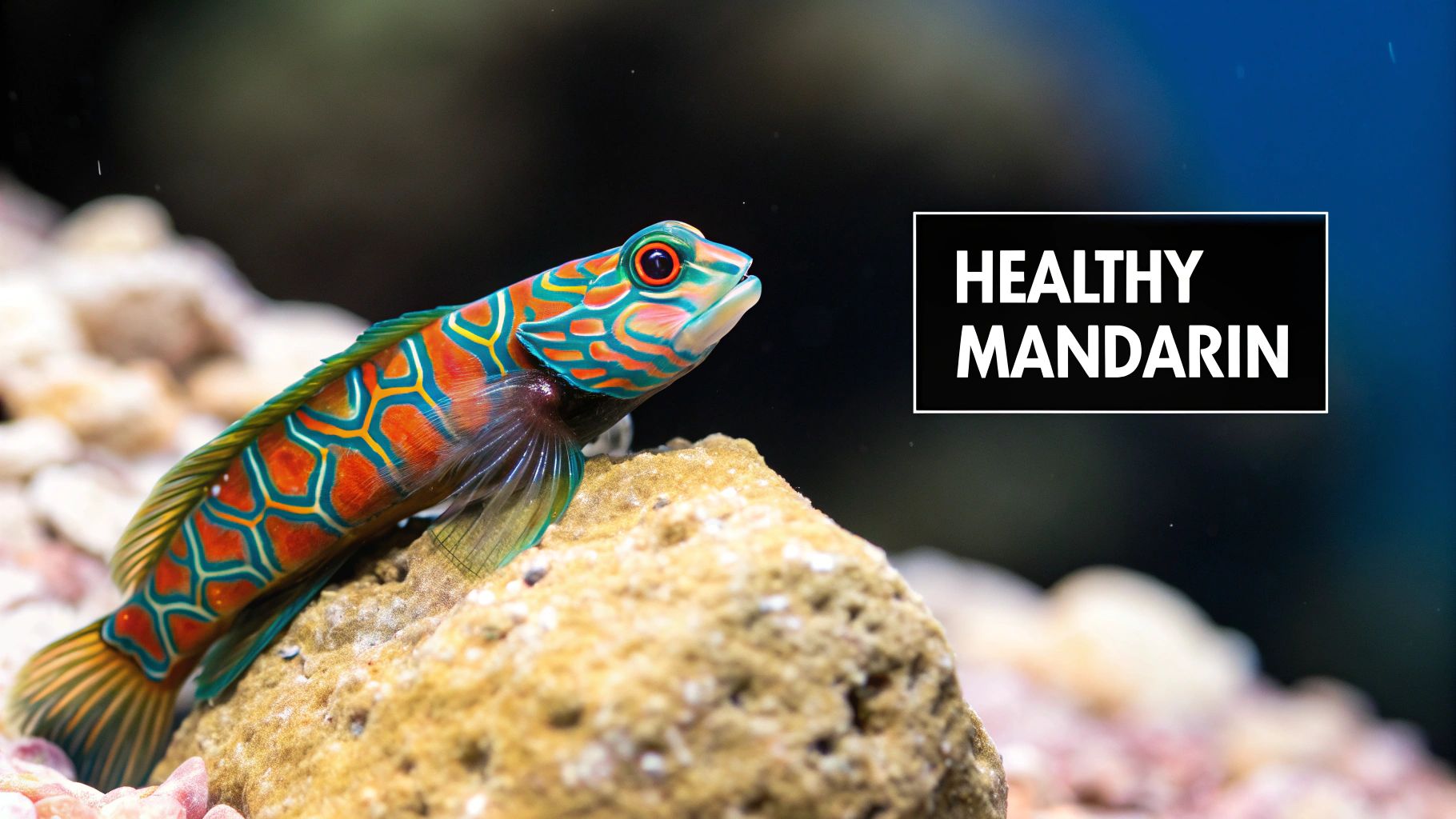 Vibrant mandarin goby fish with orange and blue patterns resting on rock in aquarium