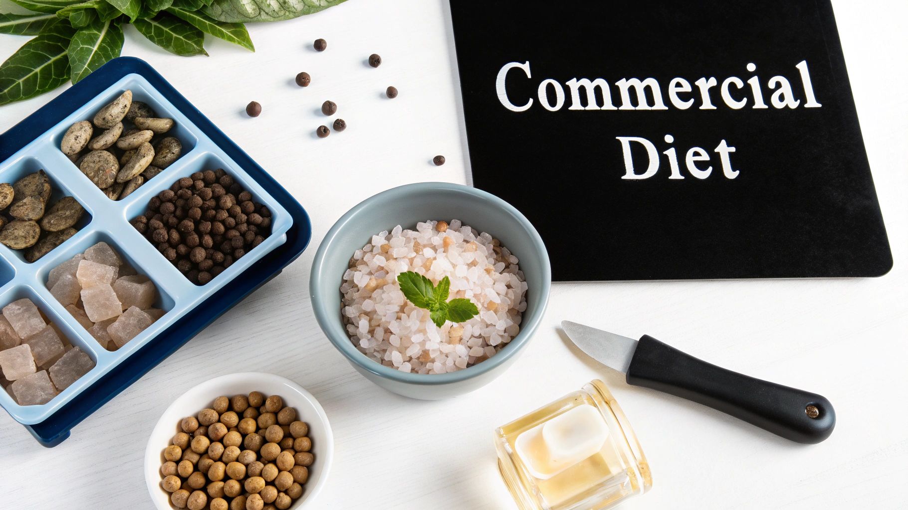 A display of various commercial fish food types, including pellets and flakes, on a white table.