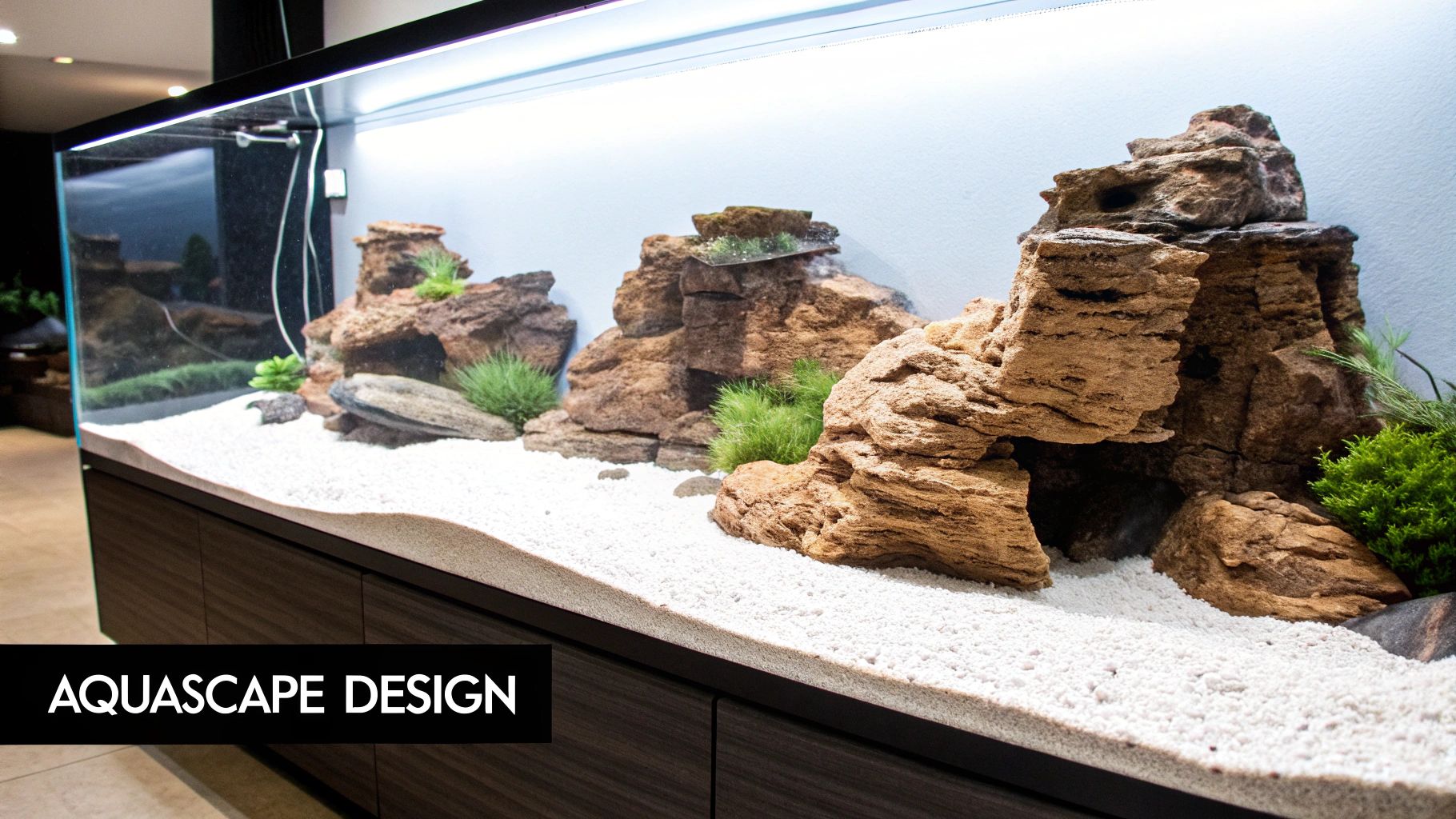A detailed aquascape with artfully arranged rocks creating caves and ledges for coral placement.