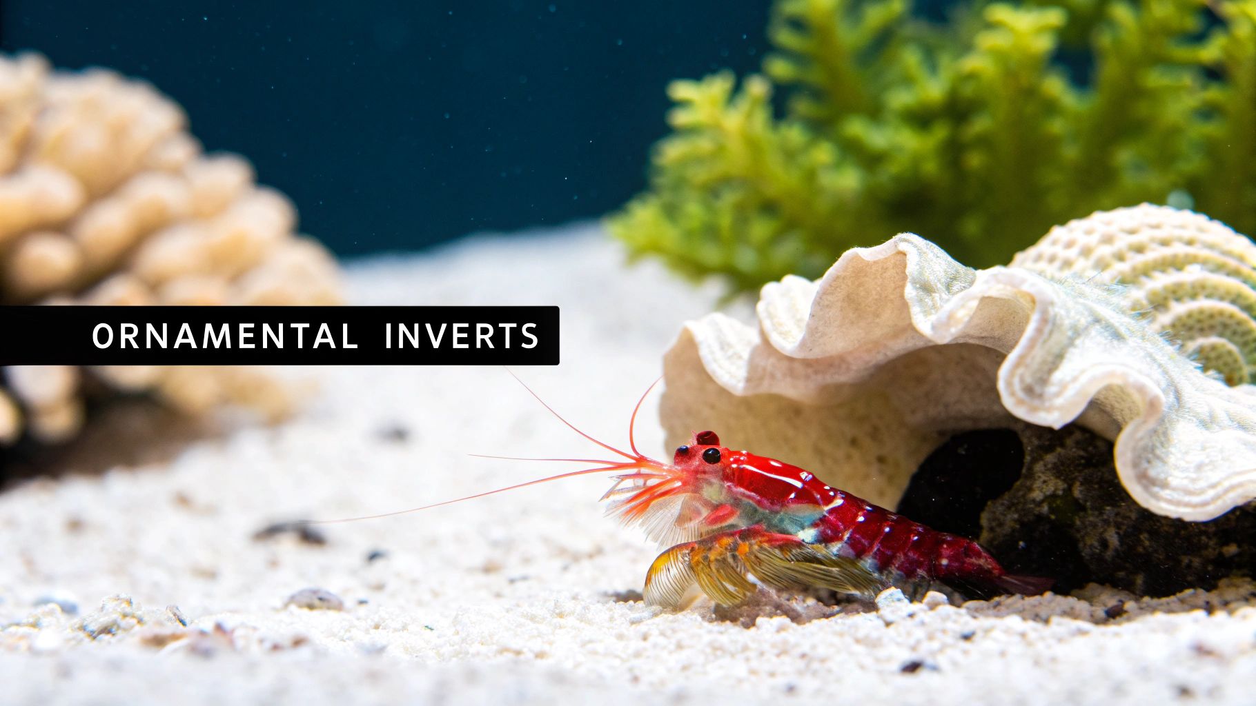 A vibrant red ornamental shrimp with white spots rests on a sandy bottom in a reef aquarium.
