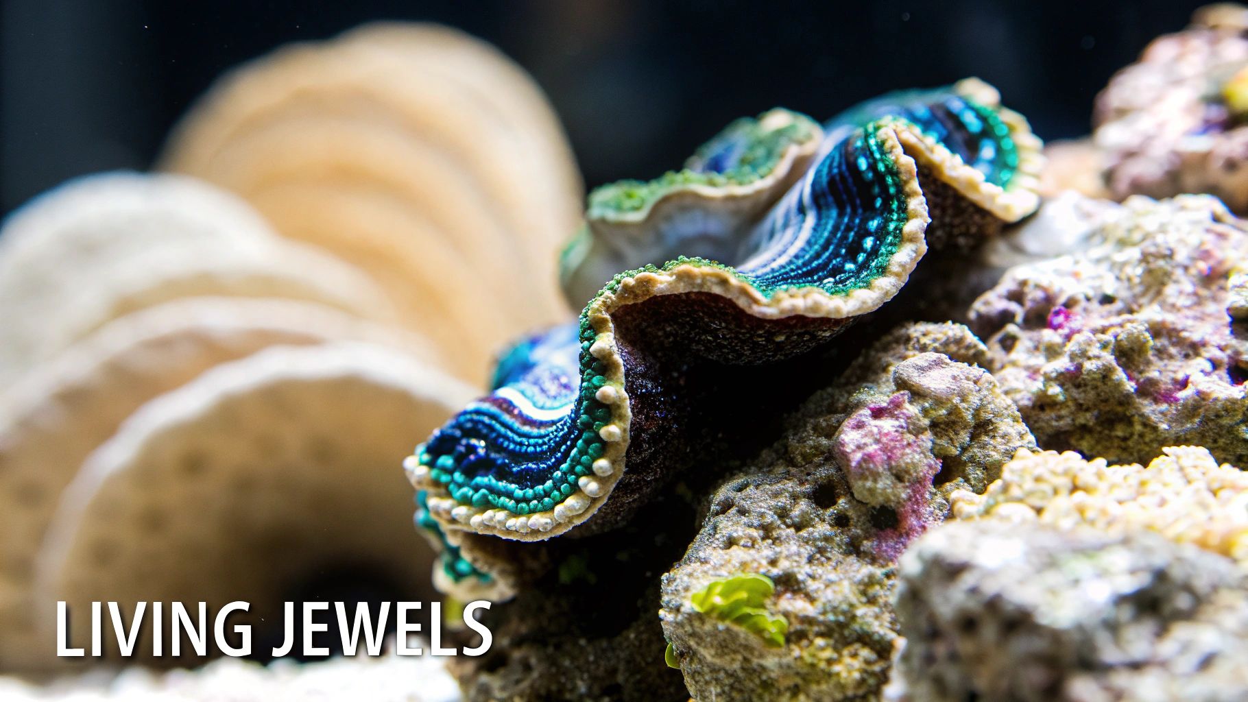 A vibrant blue and green giant clam thriving in a colorful reef aquarium.