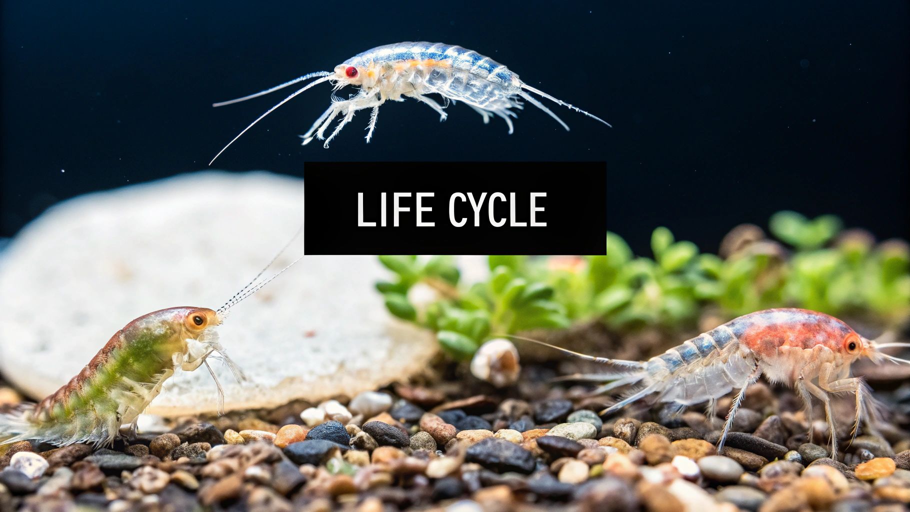 Close-up of three amphipods (scuds) in various colors, with a 'LIFE CYCLE' text overlay, in an aquatic environment.