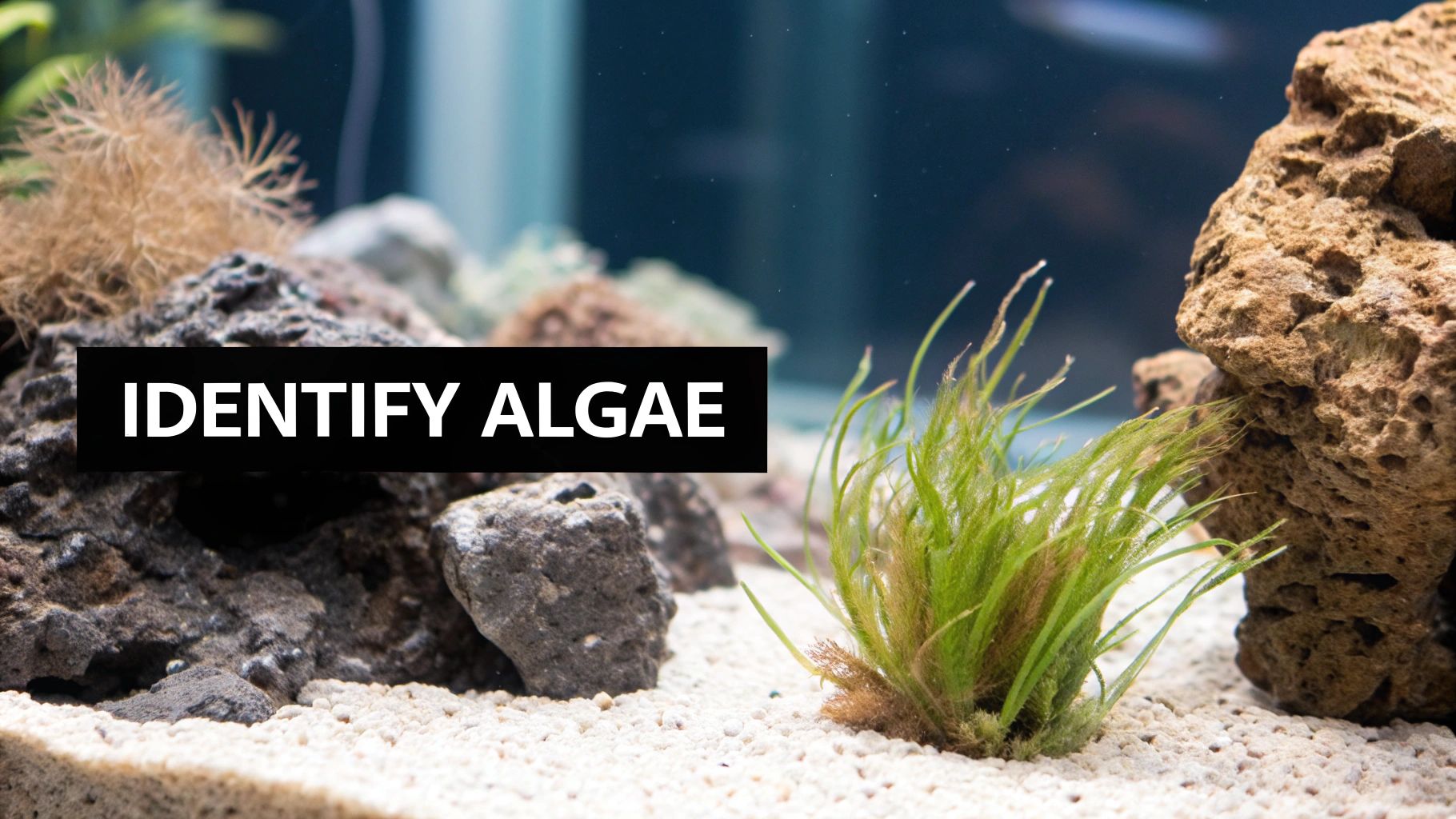 Green hair algae growing on rocks in saltwater aquarium with identification text overlay
