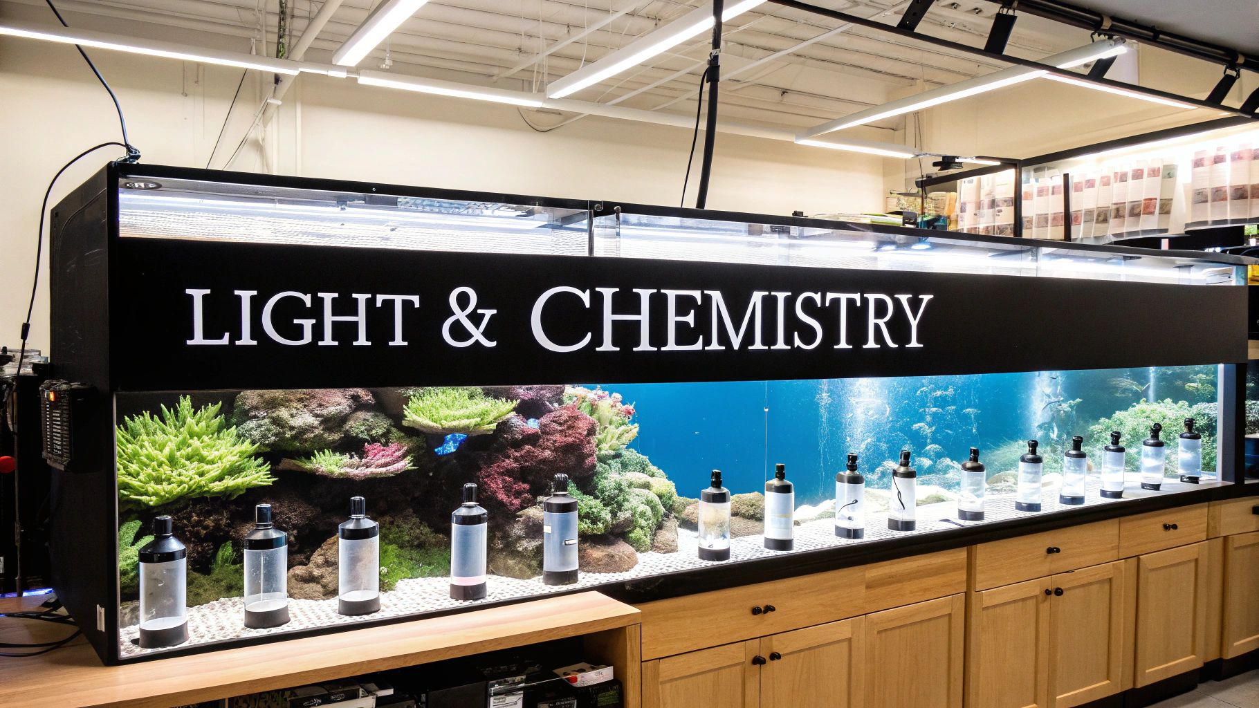 A large reef aquarium display with a 