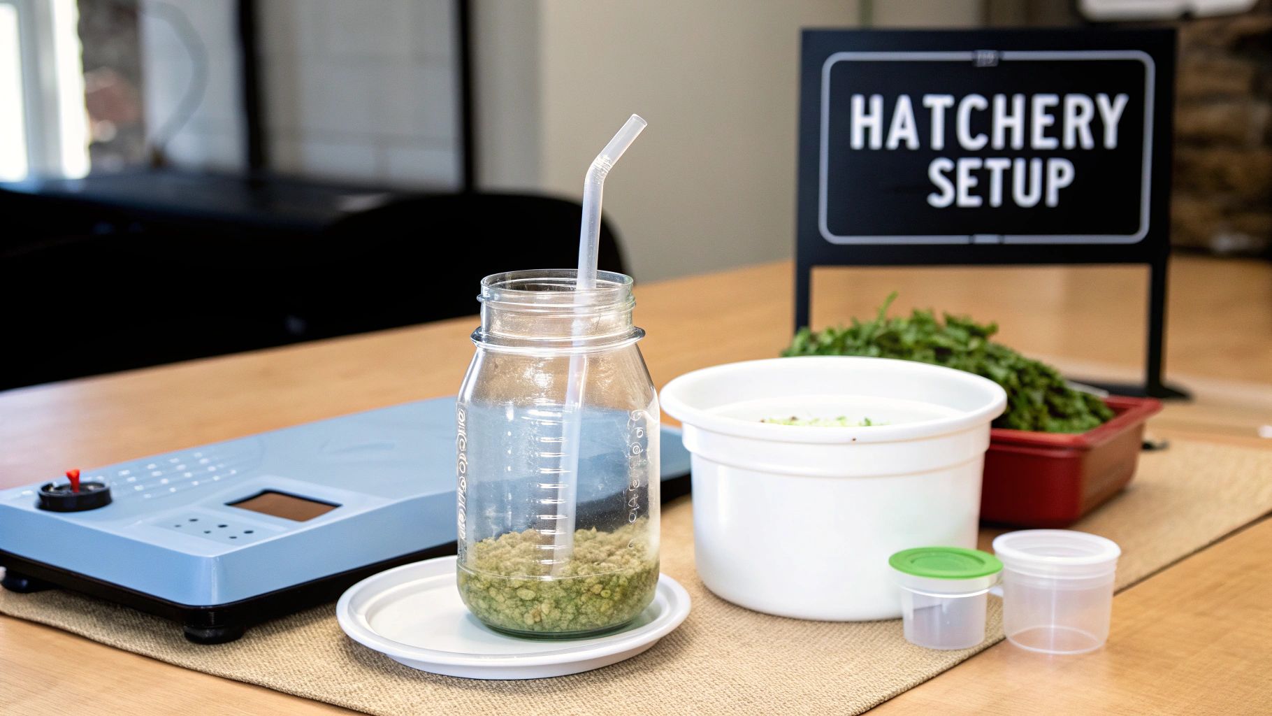 A table displays a hatchery setup with a clear jar, green contents, a bowl, and a blue device.