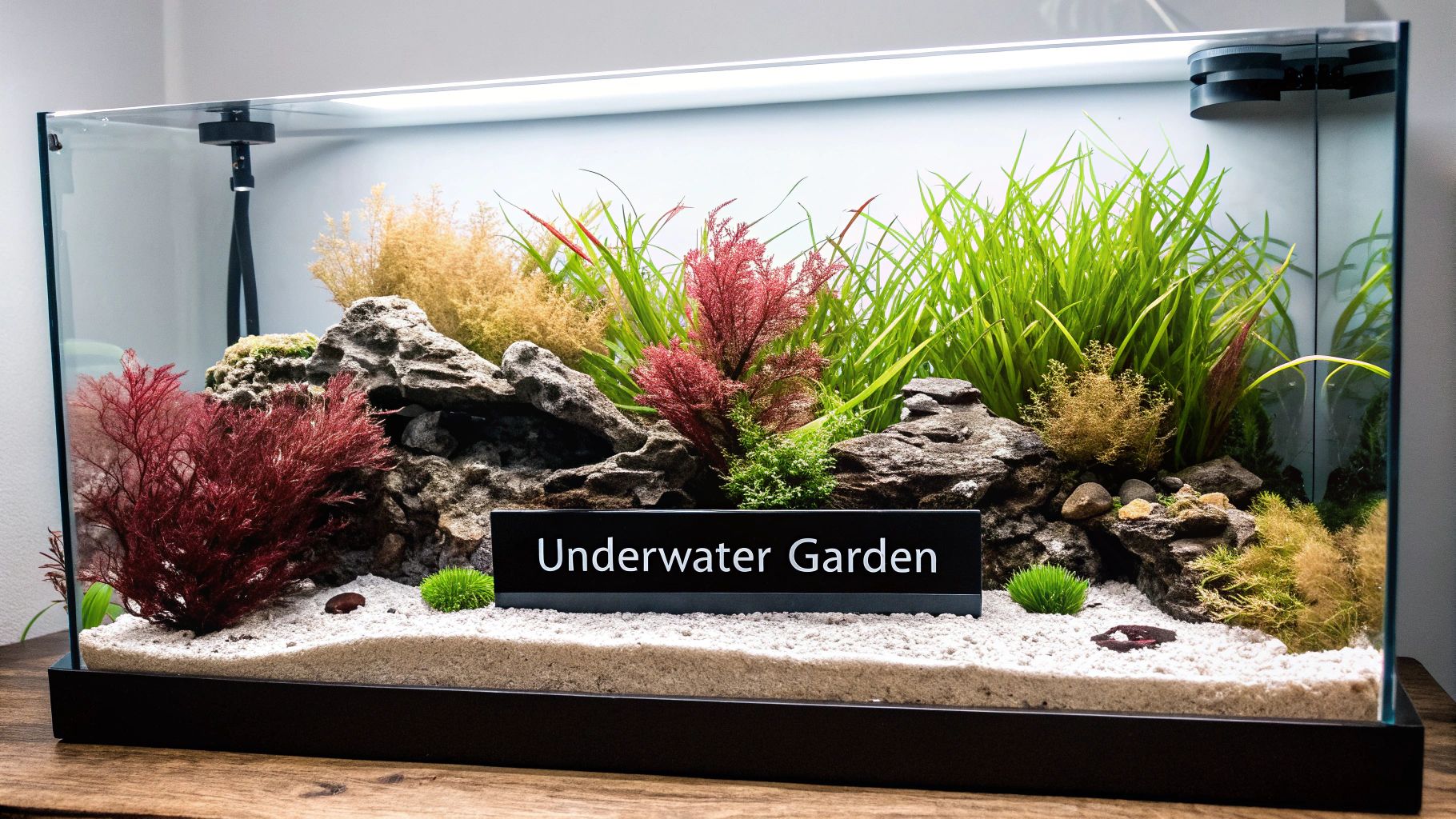 A vibrant marine aquarium showcasing different types of colorful macroalgae