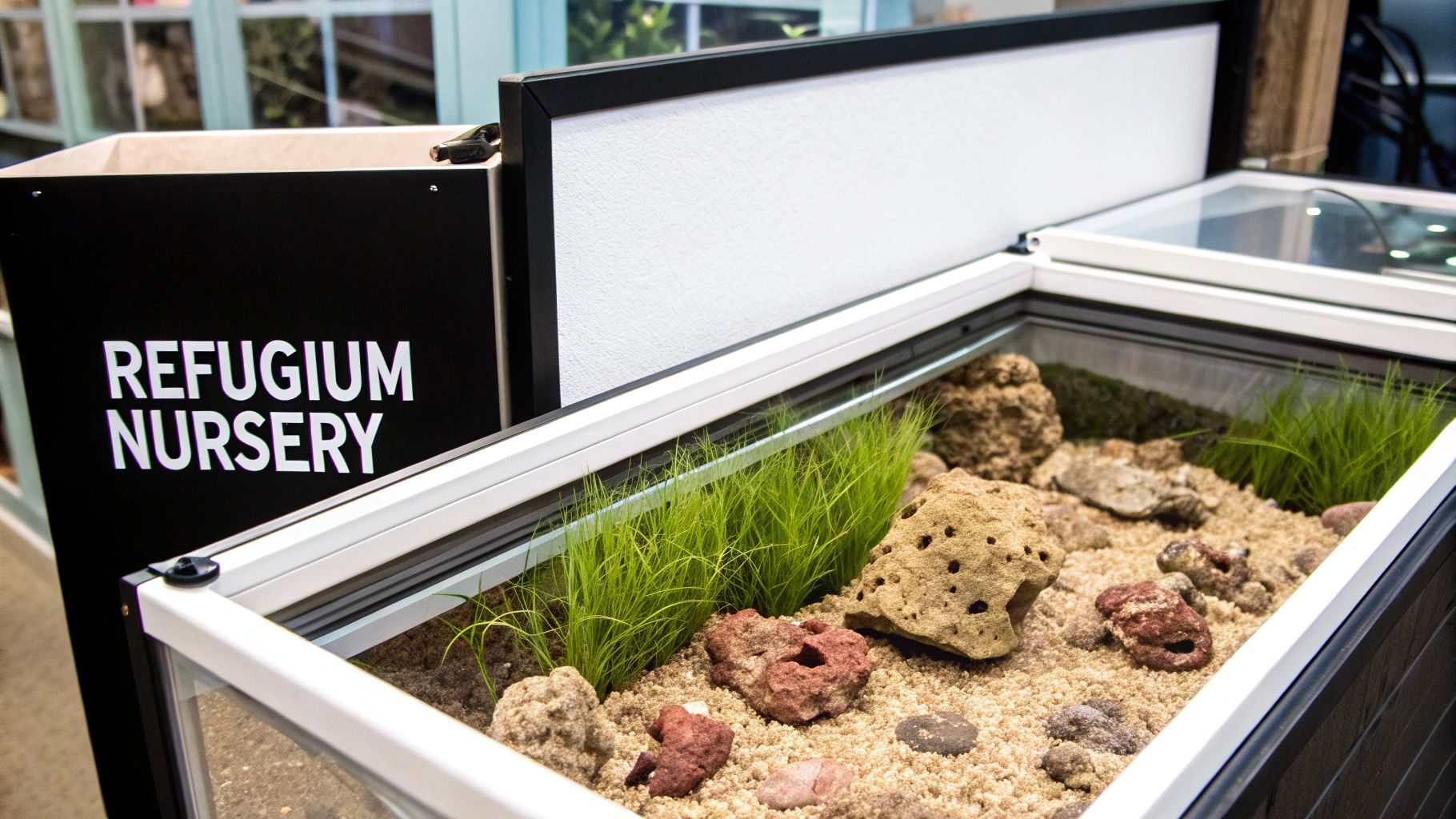 Refugium nursery aquarium tank with sand substrate, live rock, and macroalgae growth under LED lighting