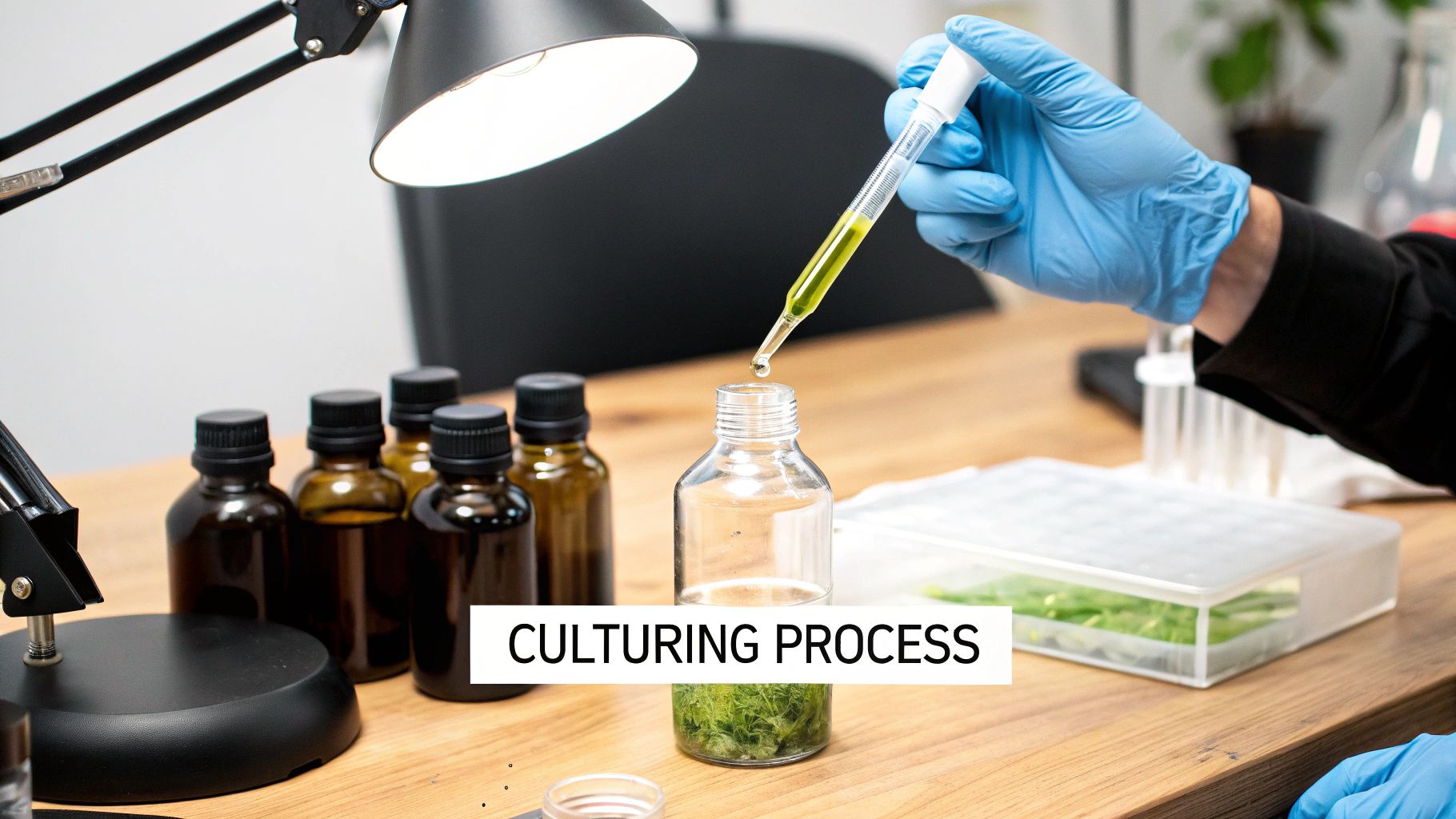 A flask of dense, green phytoplankton with an air tube bubbling gently inside.