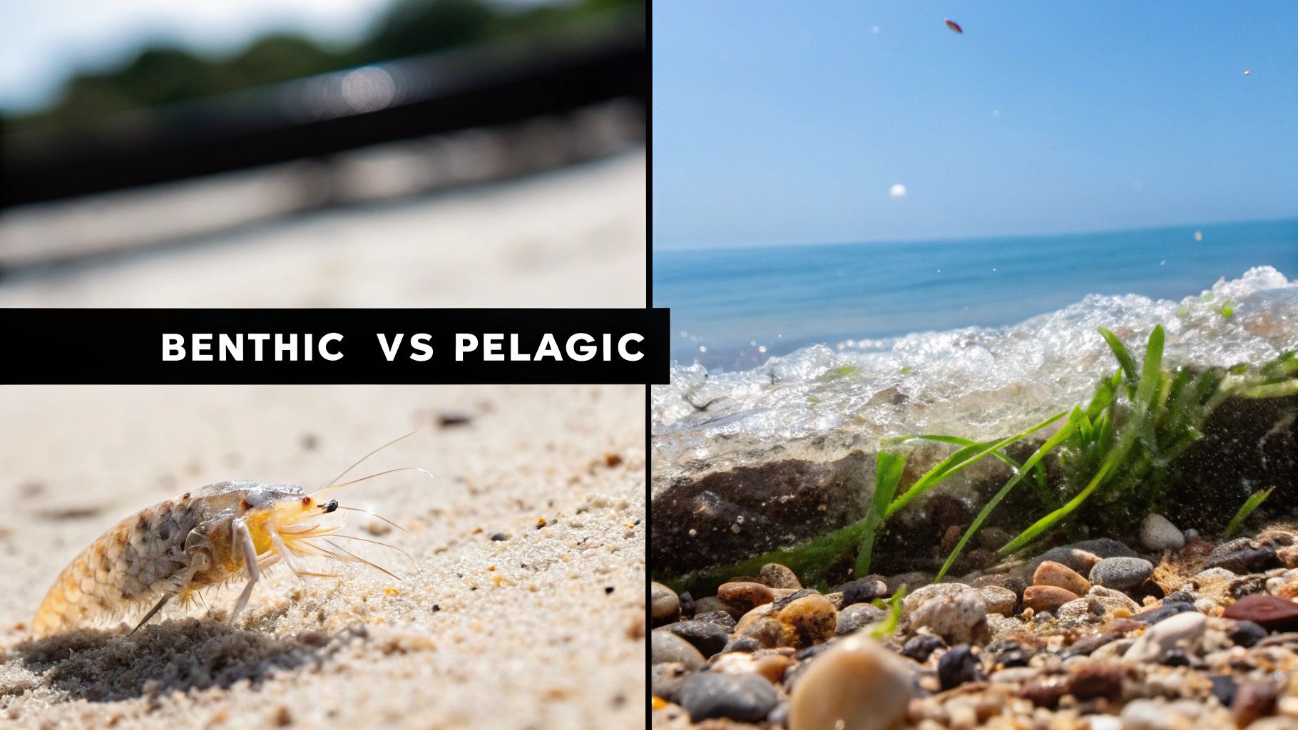 A split image showing a sand flea on sand and a wave crashing on a rocky shore, with text 'BENTHIC VS PELAGIC'.