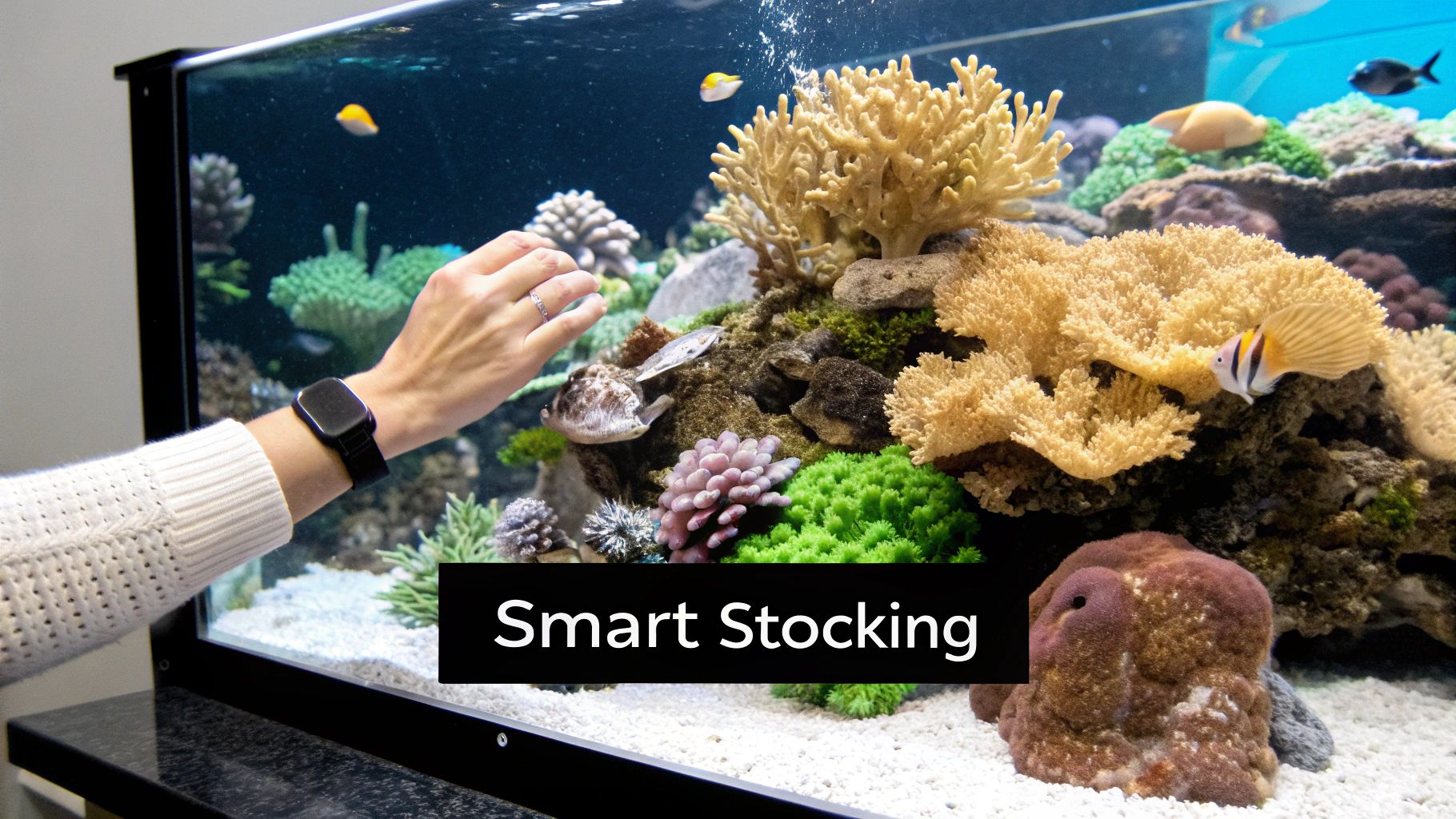 A person's hand reaches into a large reef aquarium filled with colorful corals and tropical fish.