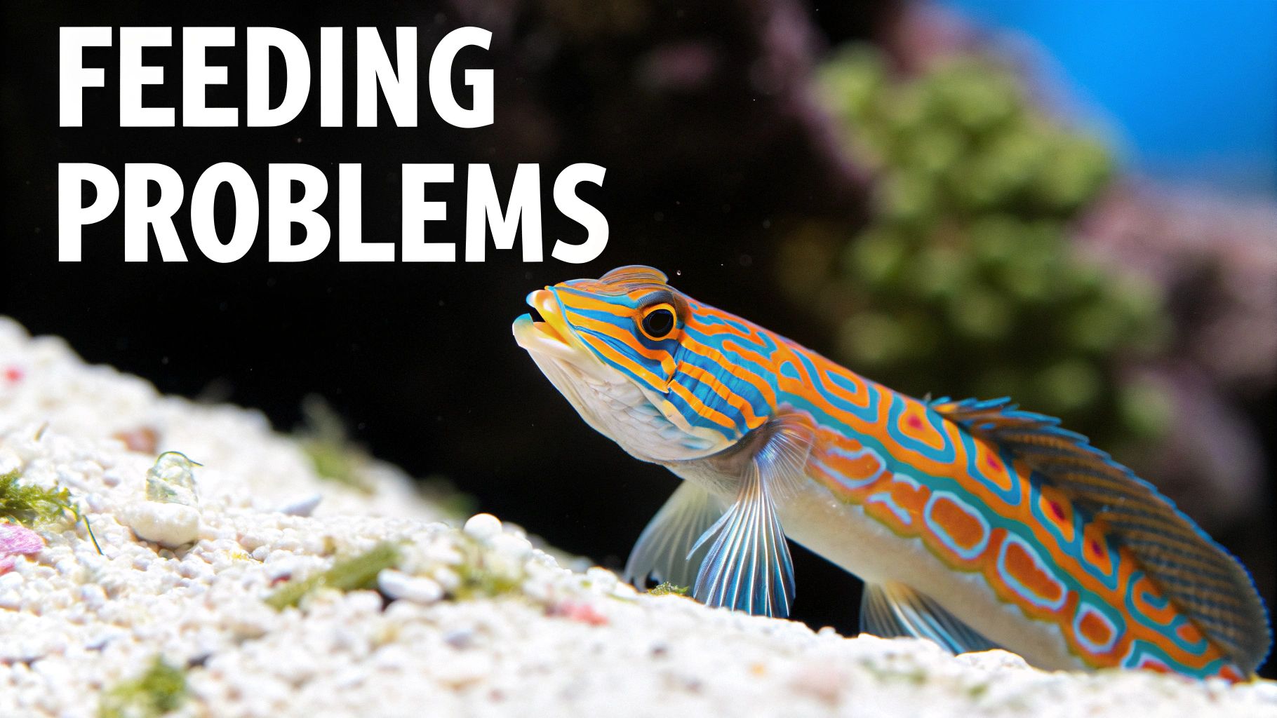 A mandarin goby appearing thin in an aquarium, a common concern for keepers.