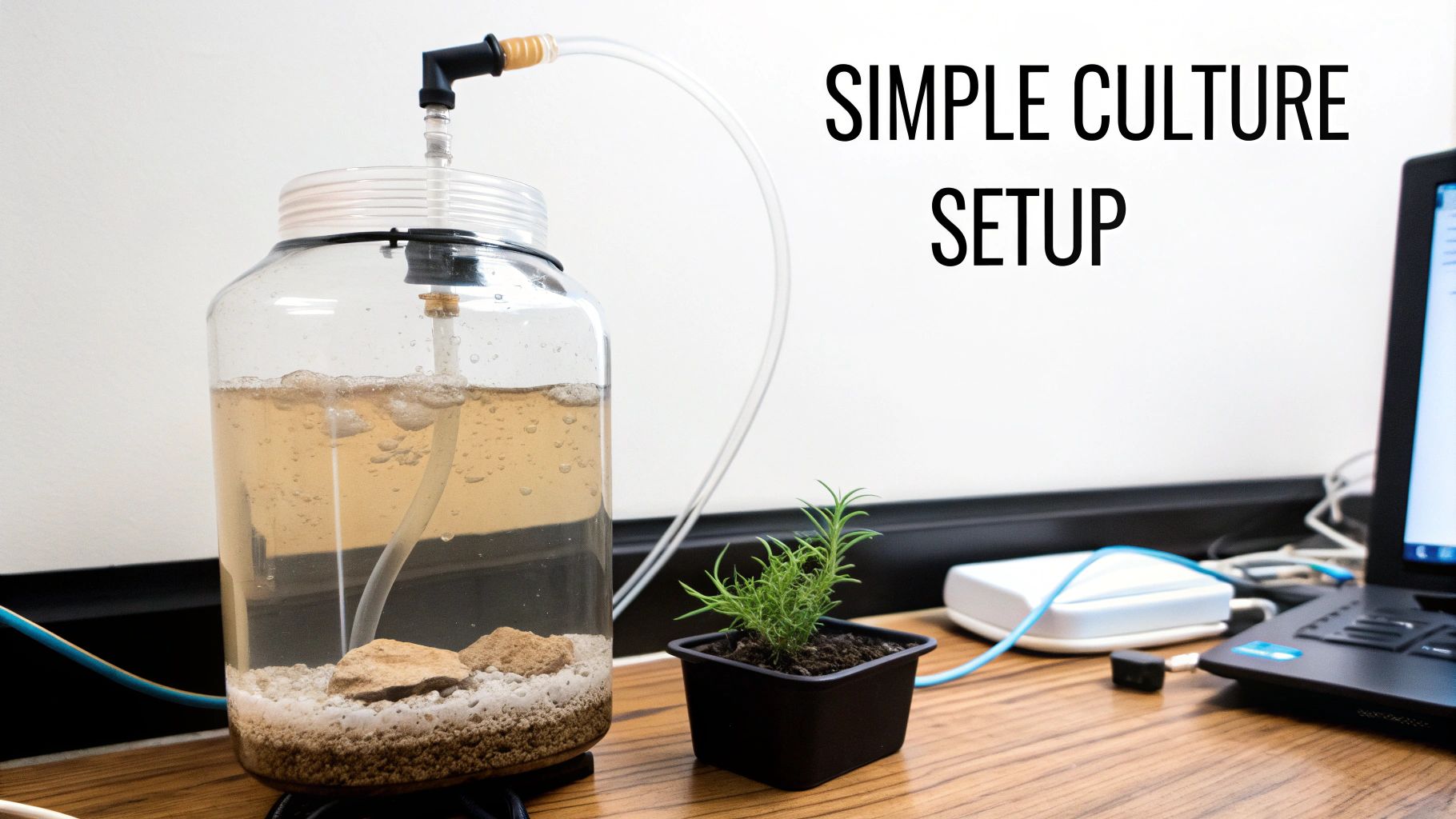 A clear jar with bubbling liquid, rocks, and granular base, connected to a small potted plant on a desk.