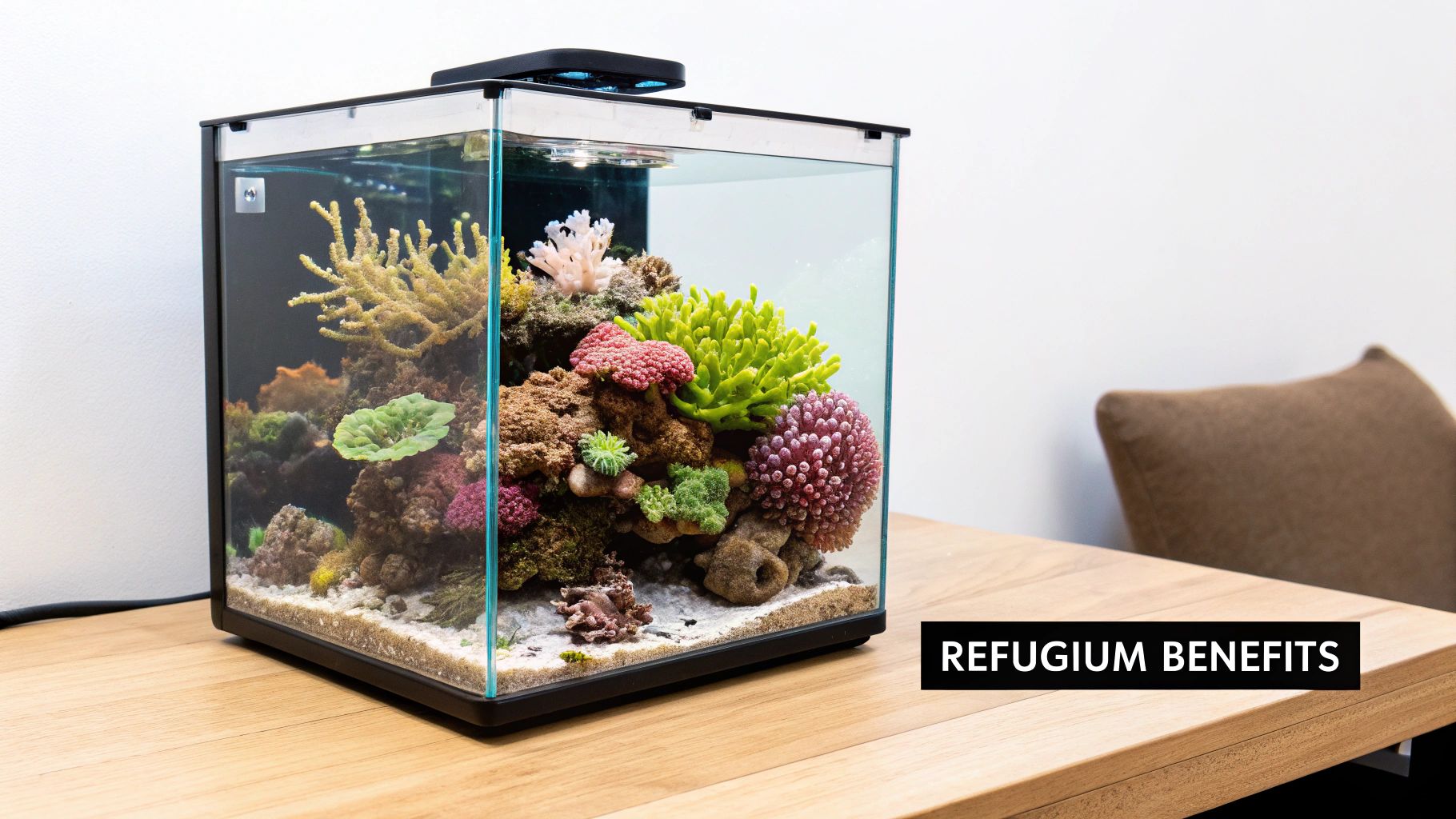 A vibrant coral reef tank display on a wooden table with 'REFUGIUM BENEFITS' text overlay.
