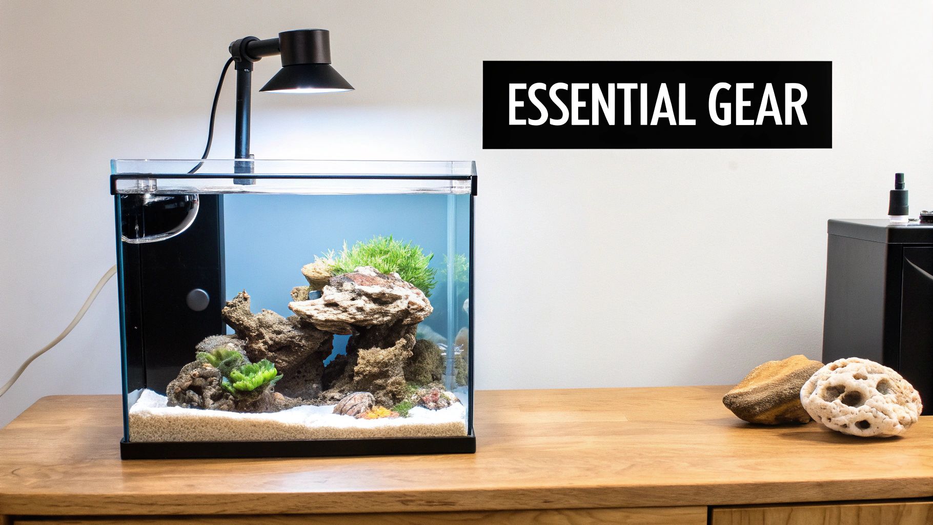 A small, modern soft coral reef tank with rock aquascape and a black clamp light on a wooden desk.