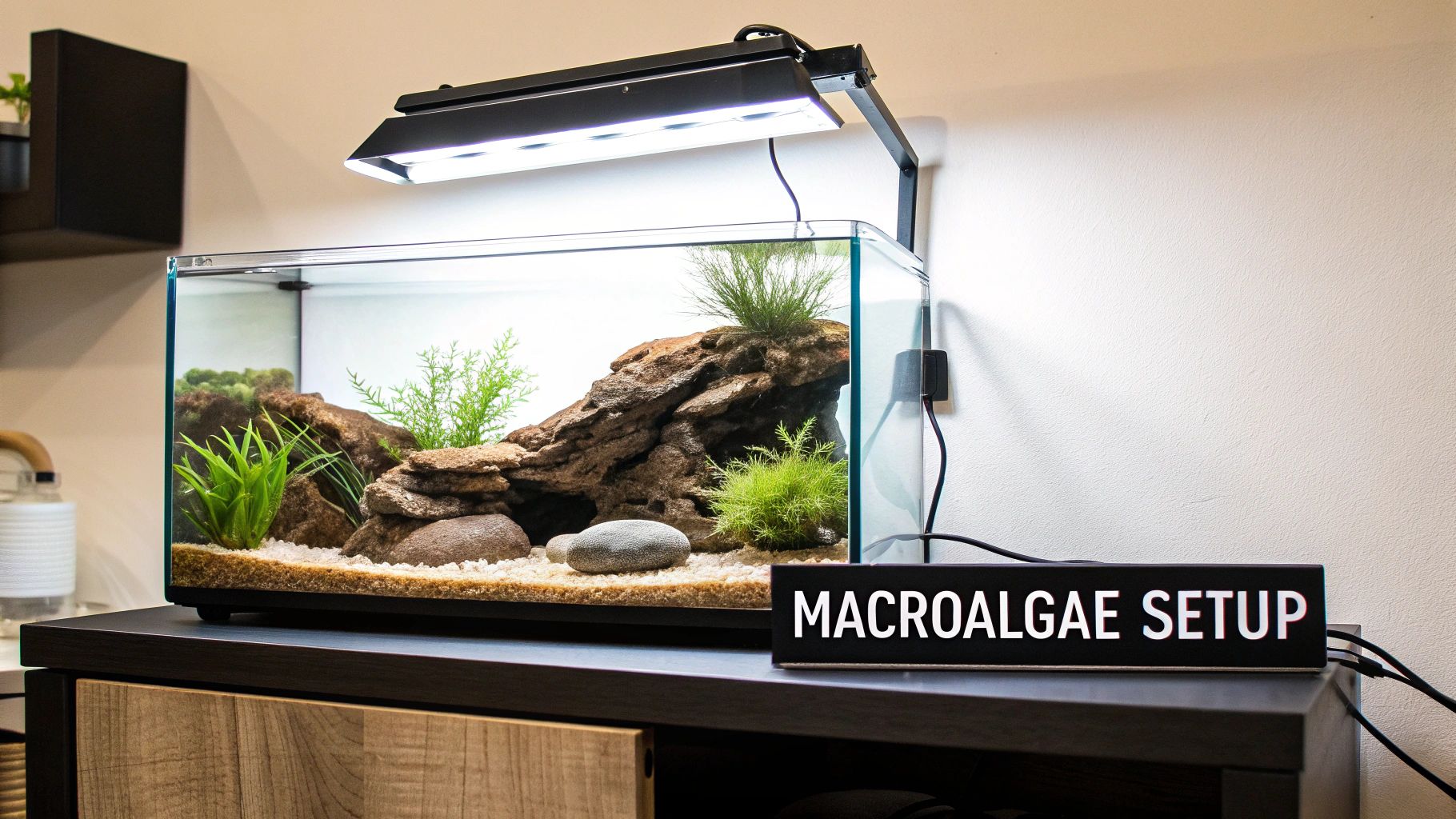 A dedicated macroalgae refugium lit by a grow light within an aquarium sump