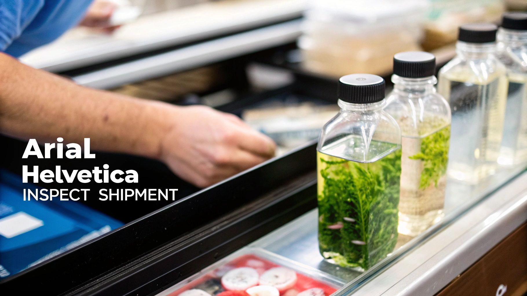 Close-up of clear bottles containing green aquatic plants and tiny organisms, possibly copepods, for inspection.