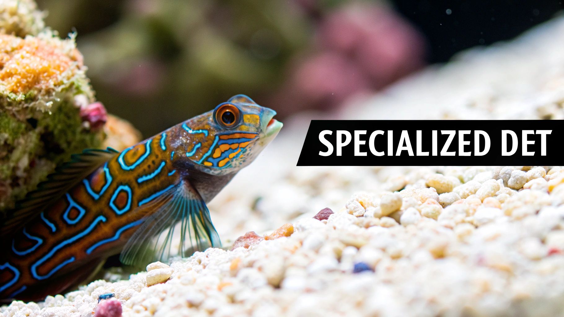 A vibrant mandarin goby perched on coral rubble, showcasing its intricate colors.