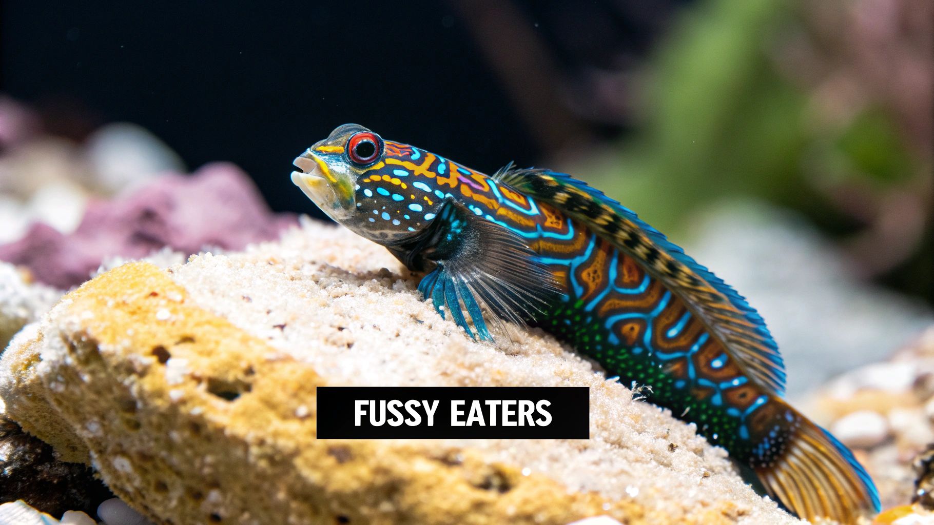 A vibrant, colorful mandarinfish with intricate blue, orange, and green patterns resting on sand.