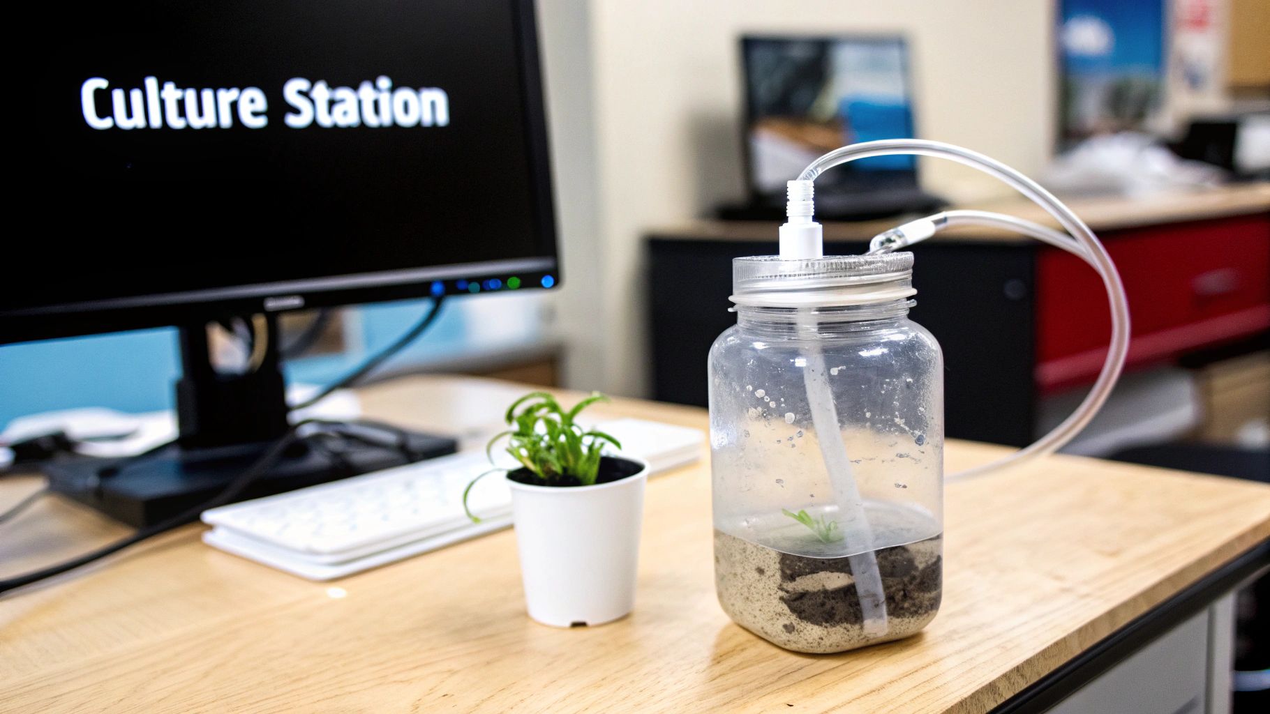 A desk with a monitor displaying 'Culture Station', a small plant, and a sealed jar with a plant experiment.