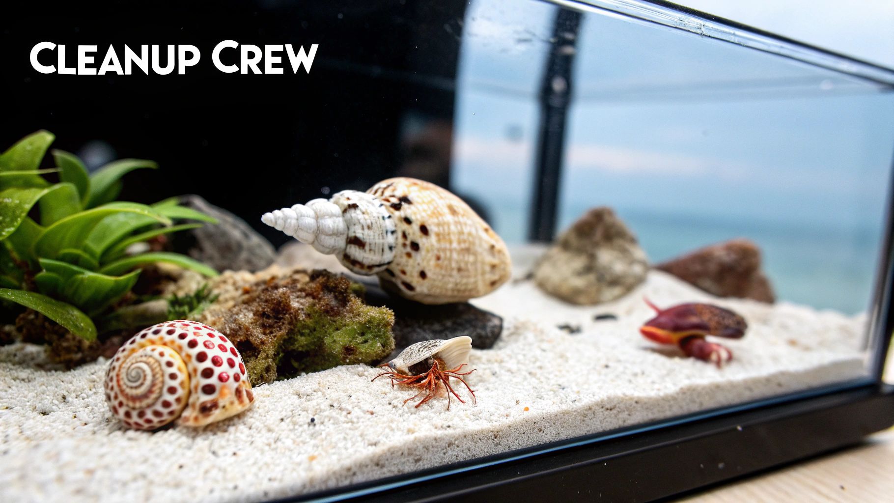 A small aquarium housing a cleanup crew of marine invertebrates like hermit crabs and snails on sand with plants.