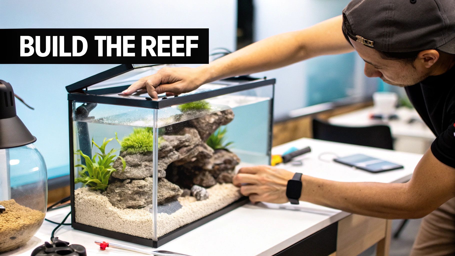 A man carefully assembling a small saltwater coral reef tank, adding decor and water.