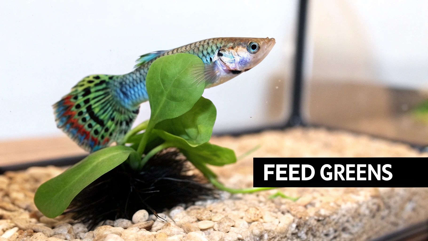 Close-up of a guppy nibbling on a piece of blhanched zucchini clipped to the side of an aquarium.