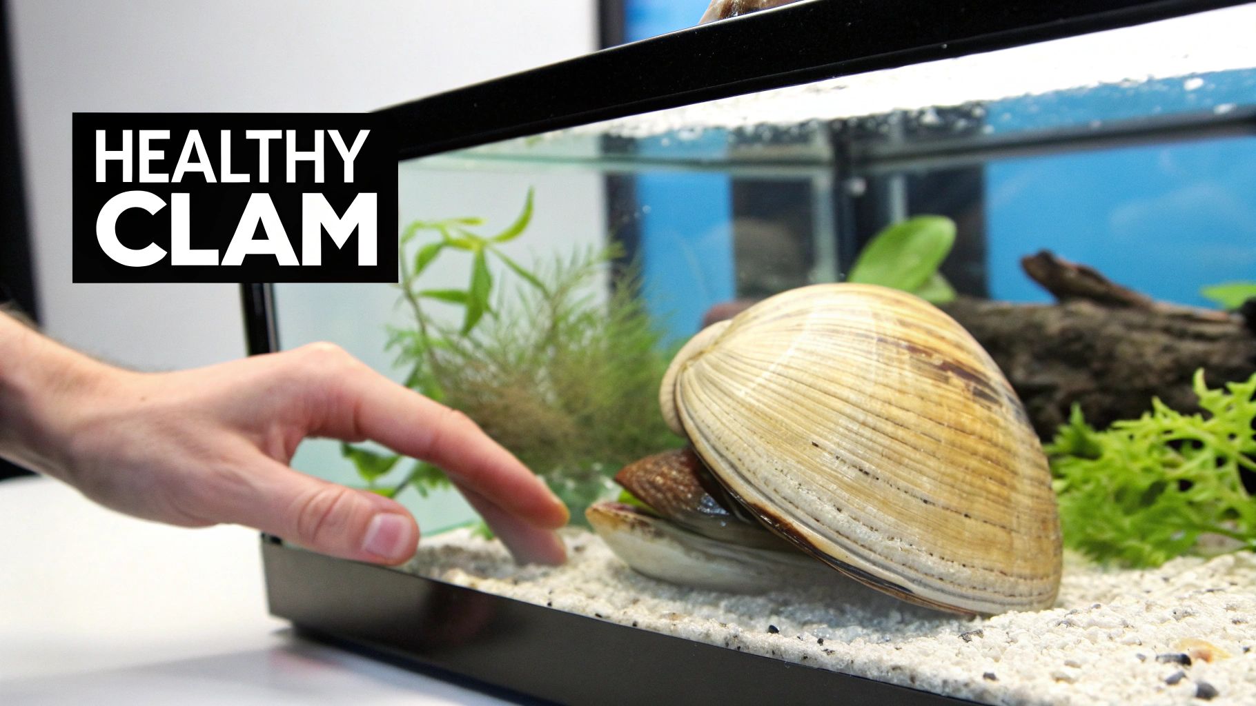 A hand gently touches a glass aquarium where a large, healthy clam is open in white sand, surrounded by green aquatic plants.