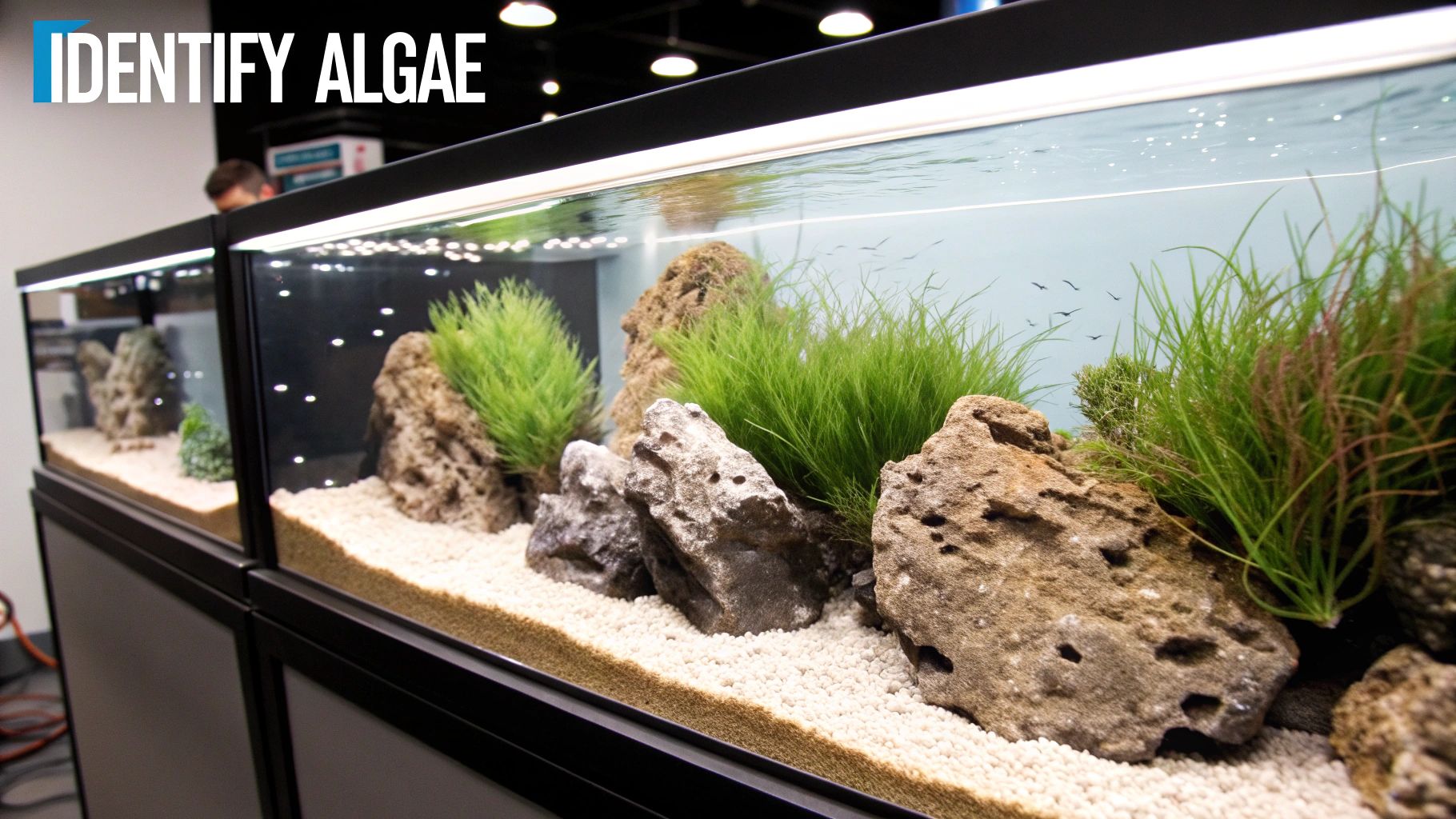 Close-up of pristine planted aquariums featuring rocks, vibrant green aquatic plants, and light gravel.
