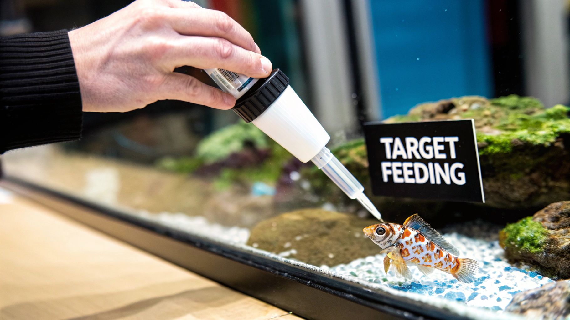 A person carefully target-feeding a mandarin dragonet with a pipette.
