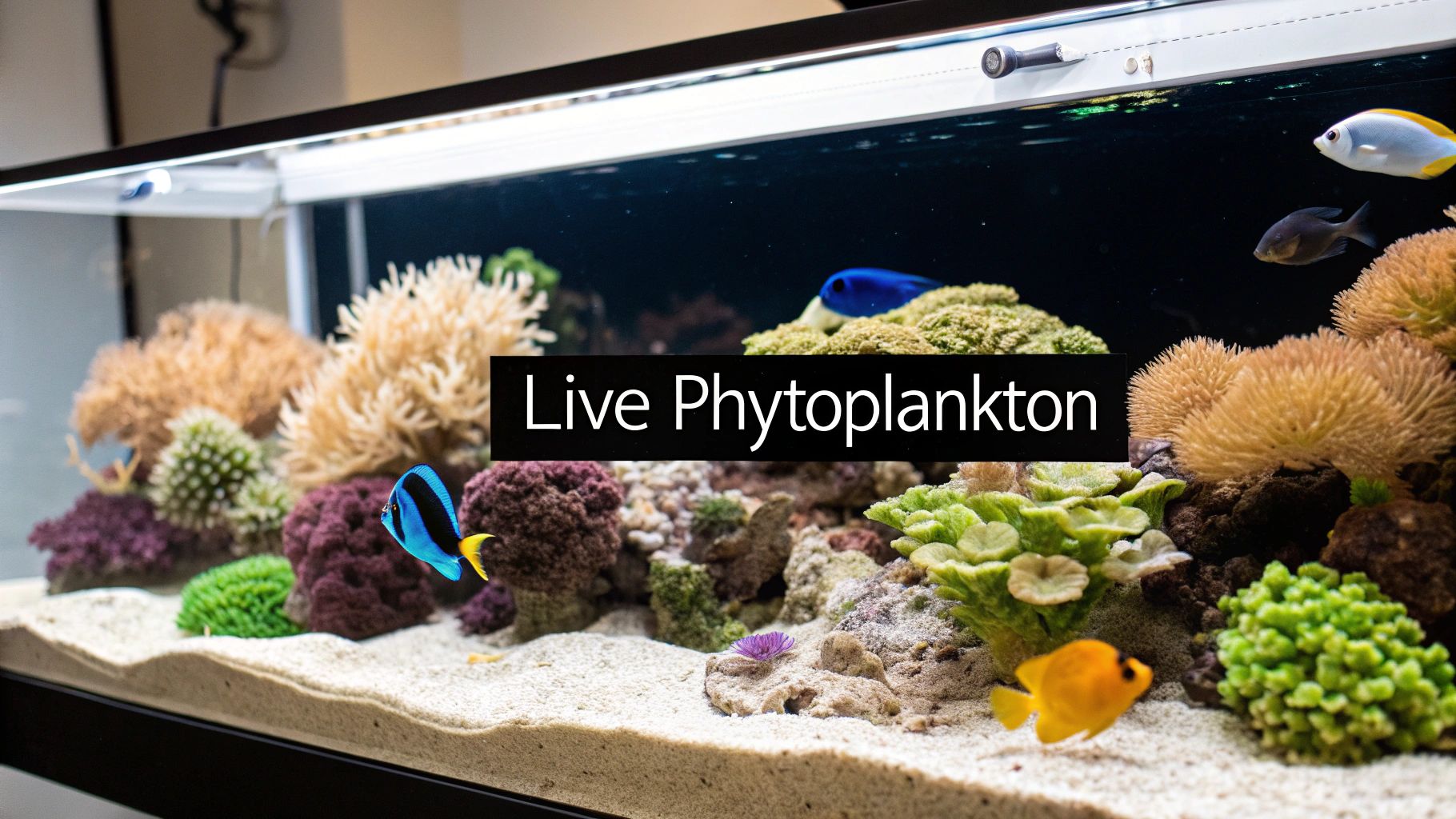 A vibrant reef aquarium showcasing various corals, live phytoplankton, and colorful tropical fish.