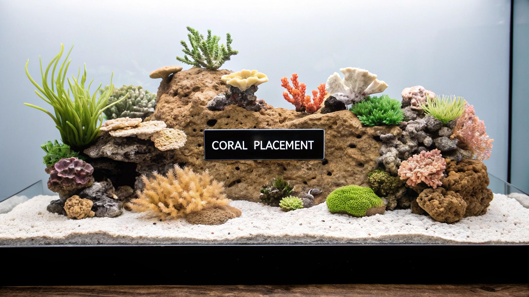 An artificial coral reef tank display with various colorful corals and a 'CORAL PLACEMENT' sign.